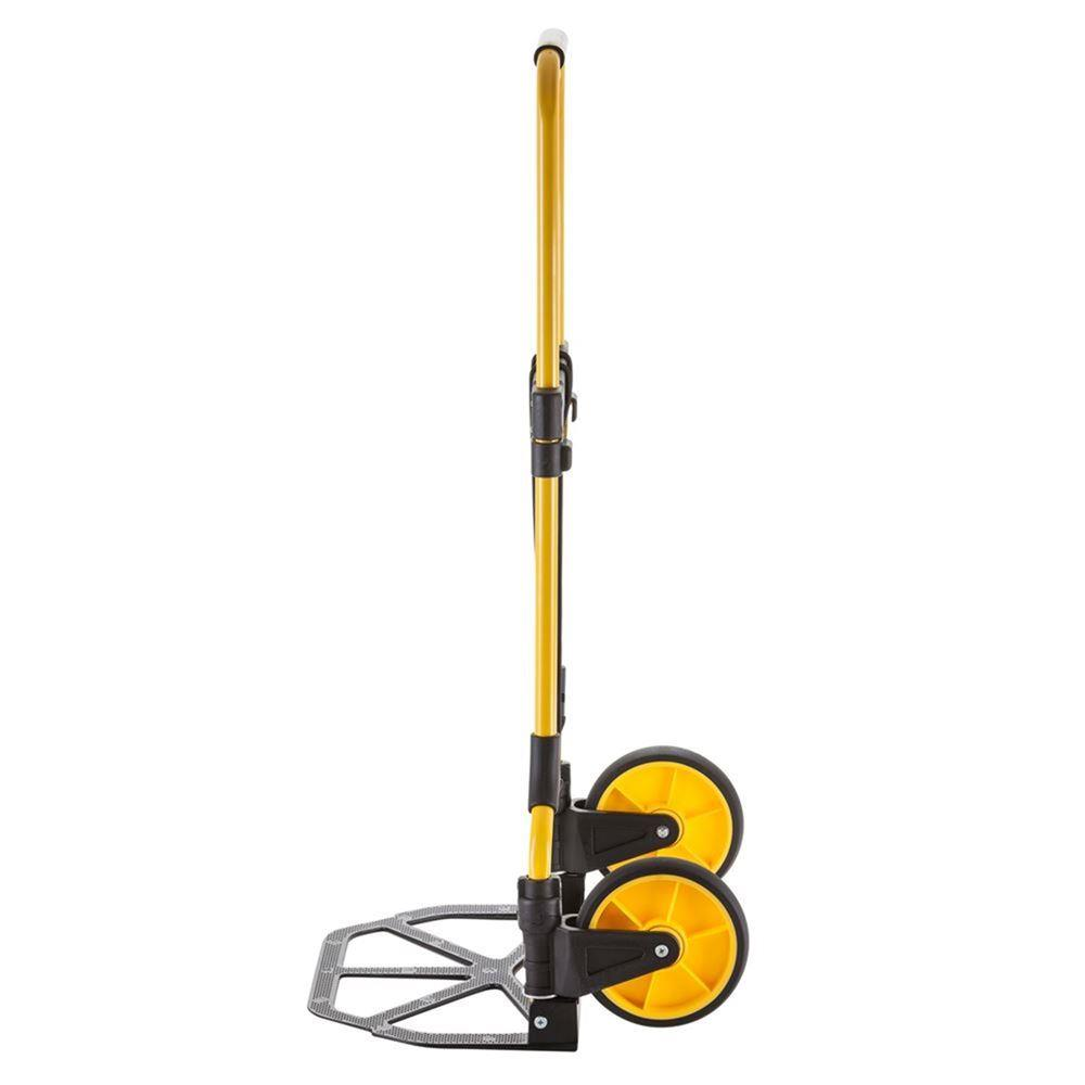 A yellow and black folding hand truck with two wheels on a white background.