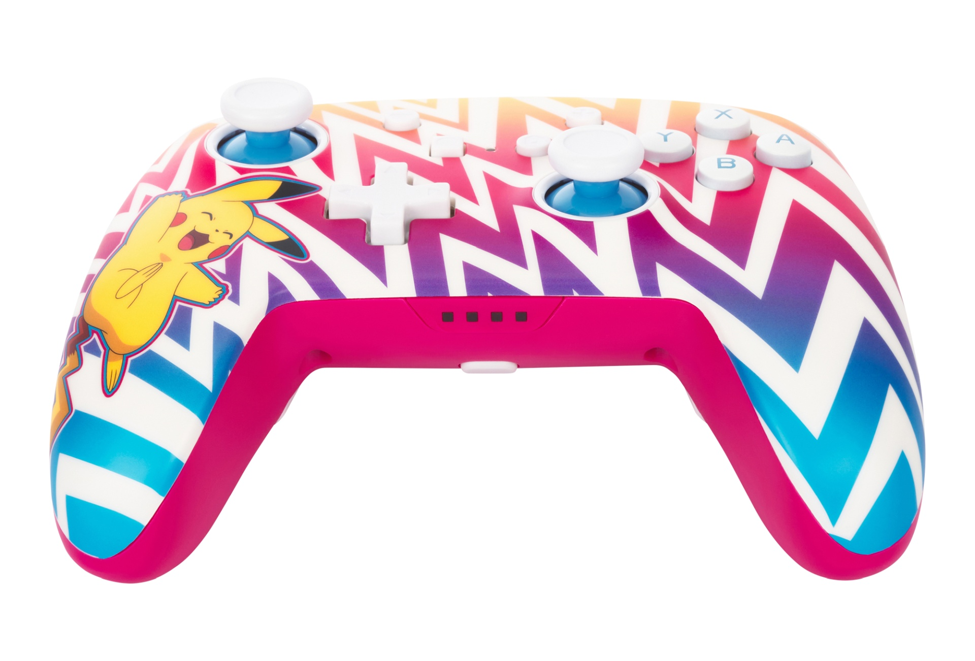Ein Controller mit Pikachu-Motiv und Zickzack-Muster in Rosa, Blau und Lila.