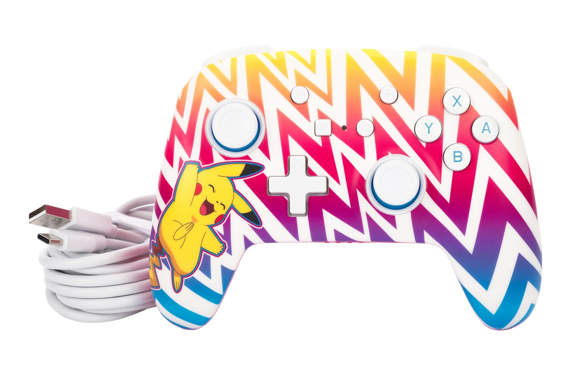 Ein weißer Controller mit Pikachu-Motiv und Farbverlauf von Gelb zu Blau.