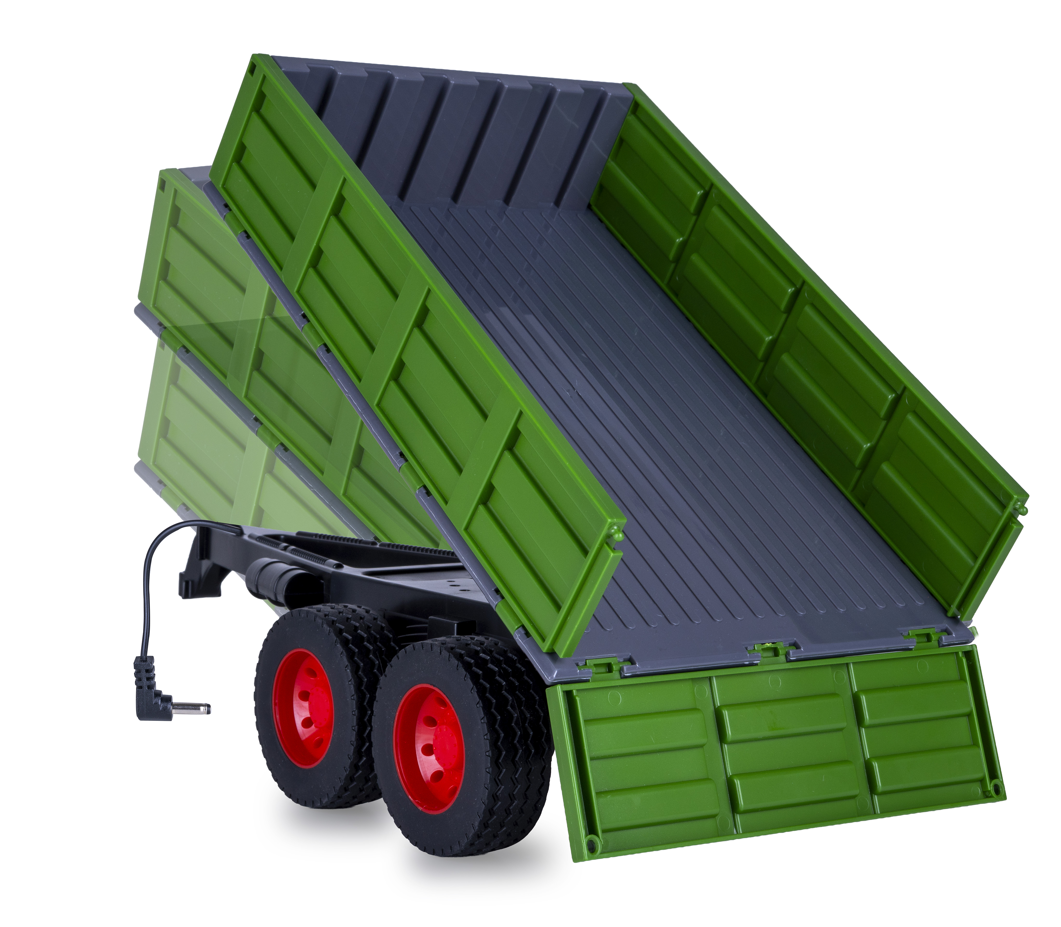 Ein grüner Kippanhänger mit schwarzem Chassis und roten Felgen.