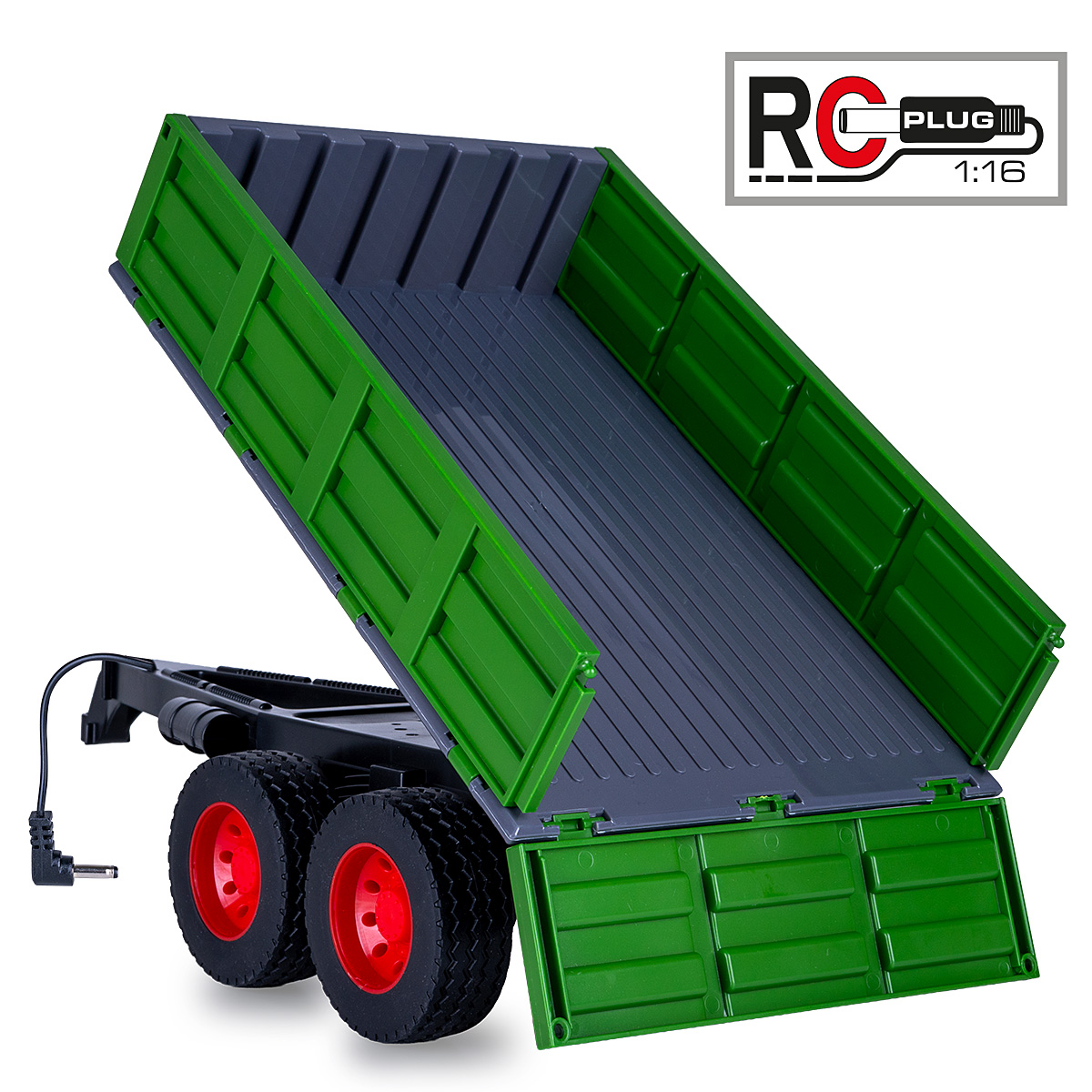 Grüner RC-Anhänger mit kippbarem Aufbau, schwarzem Chassis, roten Rädern und Kabel.