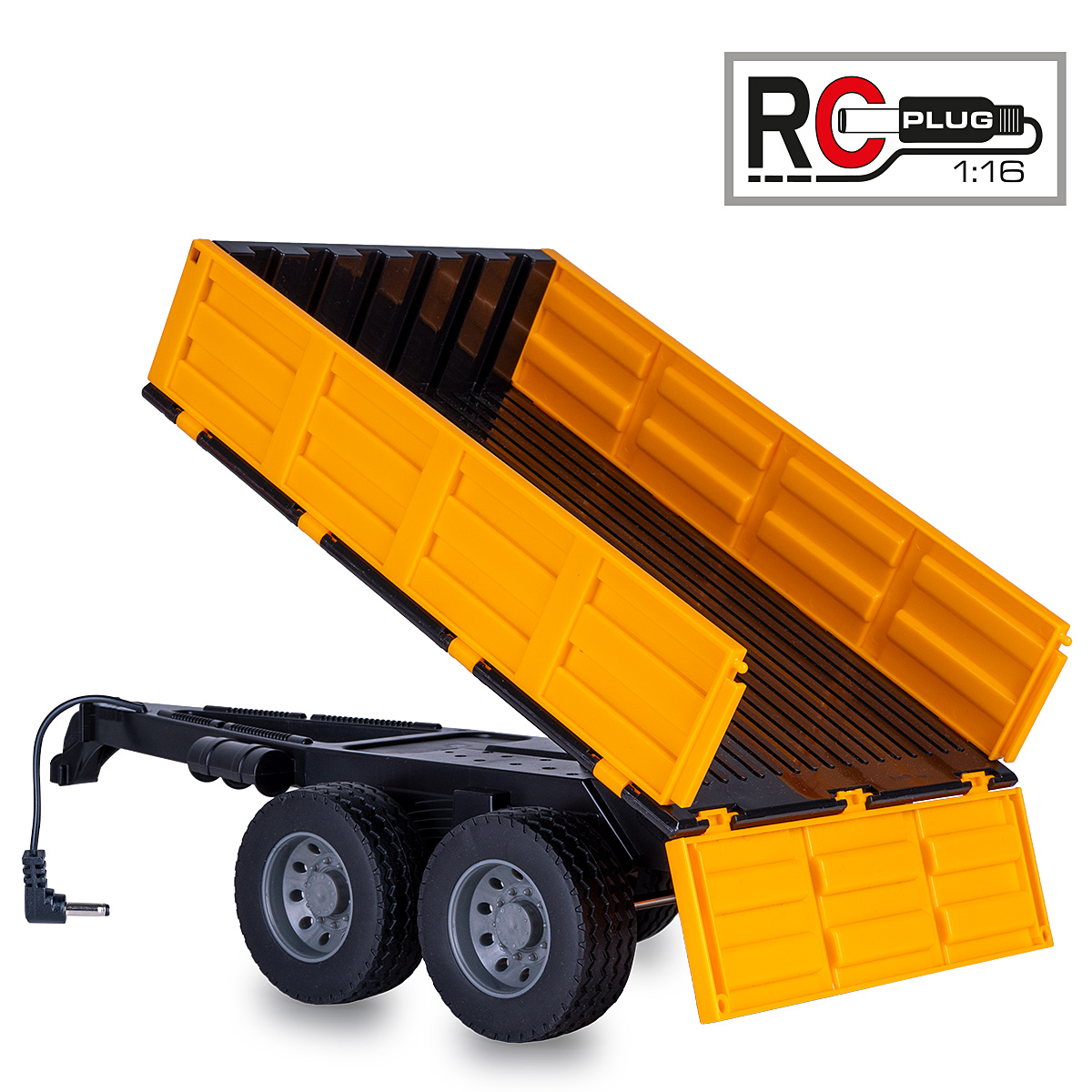 Gelber RC-Kipperanhänger mit schwarzem Chassis und Rädern. Ein Kabel ist angebracht.