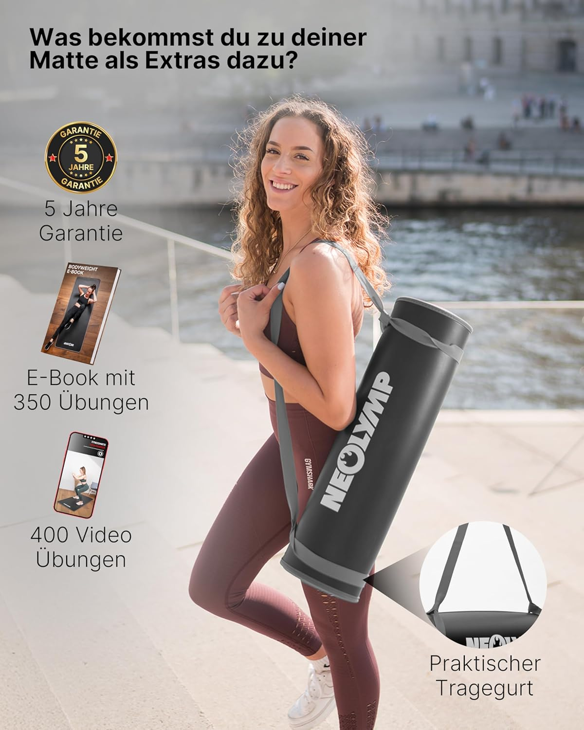 Frau mit Yogamatte und Extras: E-Book, Videos, 5 Jahre Garantie.