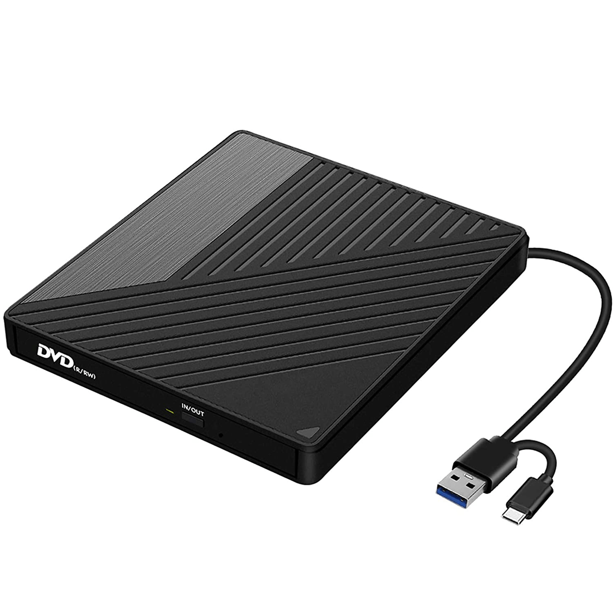 Unidad DVD externa negra con cable USB-C y USB-A. Tapa texturizada.