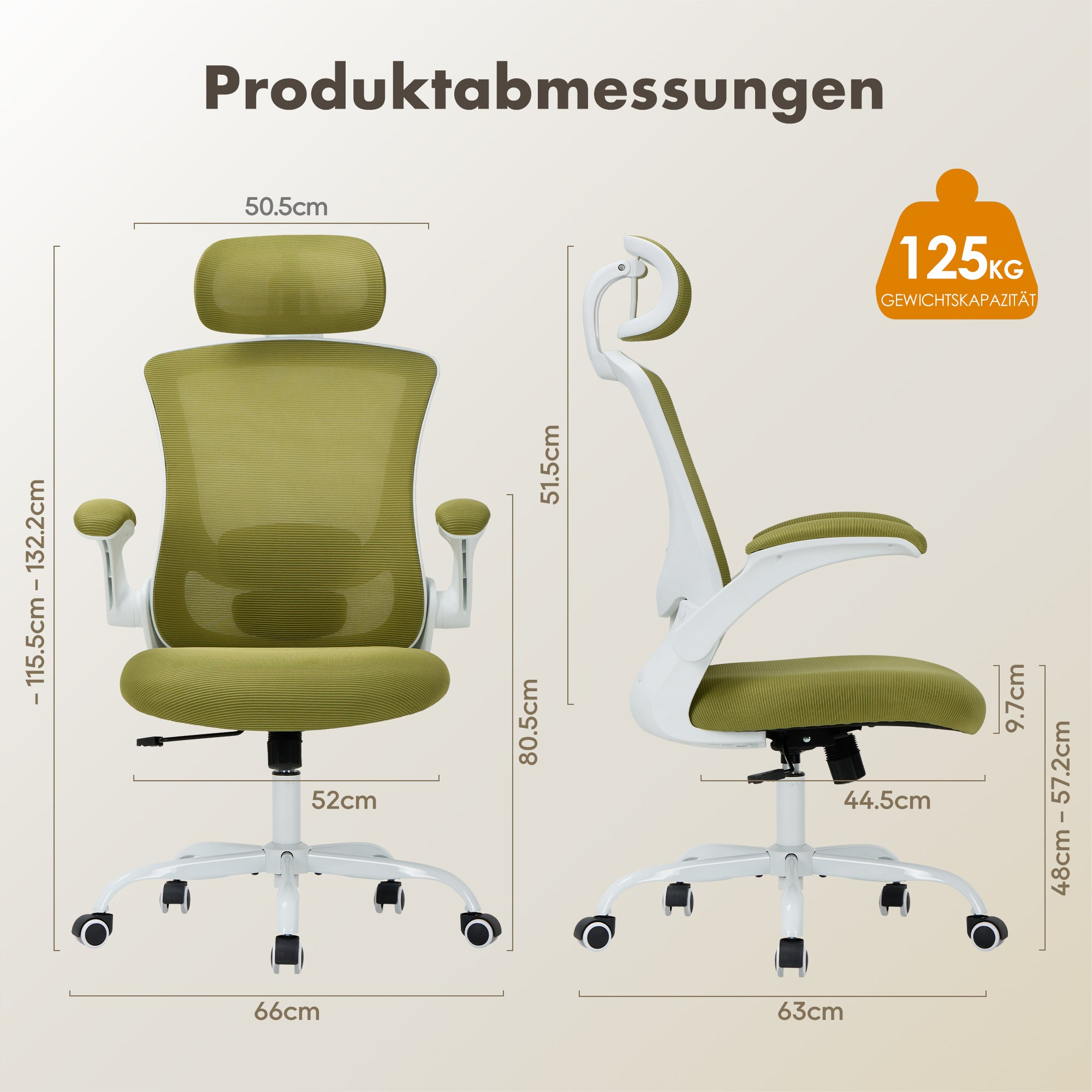 Grüner Bürostuhl mit Maßen: 50,5cm Breite, 115,5-132,2cm Höhe, 125kg Kapazität.