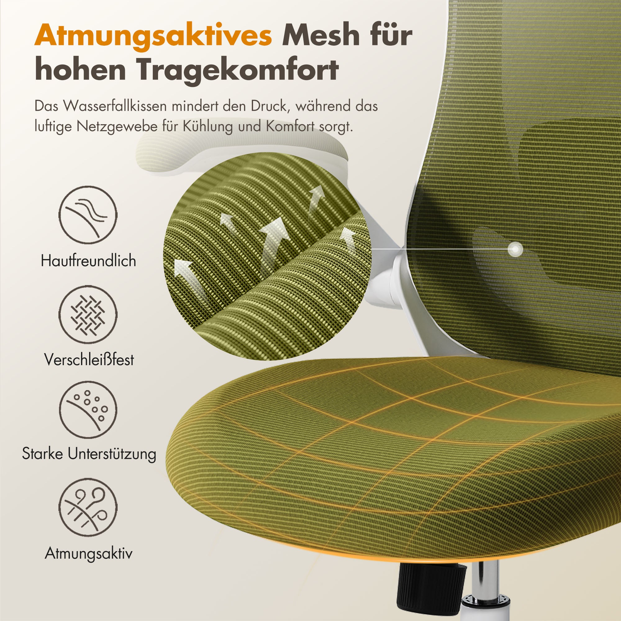 Grüner Bürostuhl mit atmungsaktivem Mesh und Komfortmerkmalen.