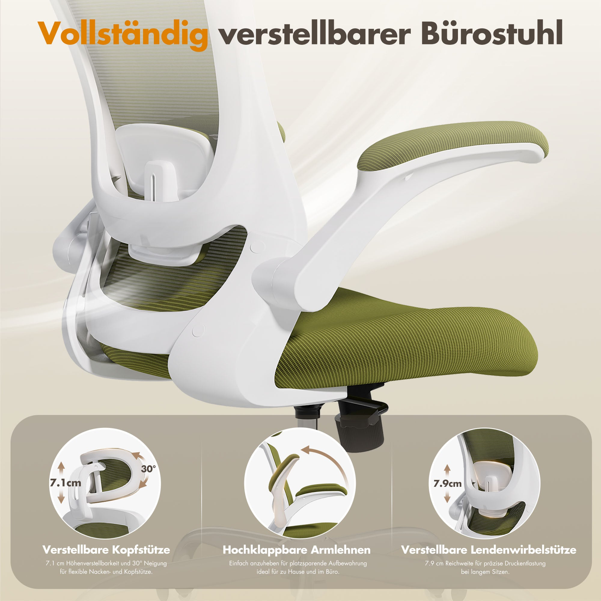 Ein weißer Bürostuhl mit grünem Netzgewebe. Details zeigen verstellbare Kopfstütze, Armlehnen und Lendenwirbelstütze.
