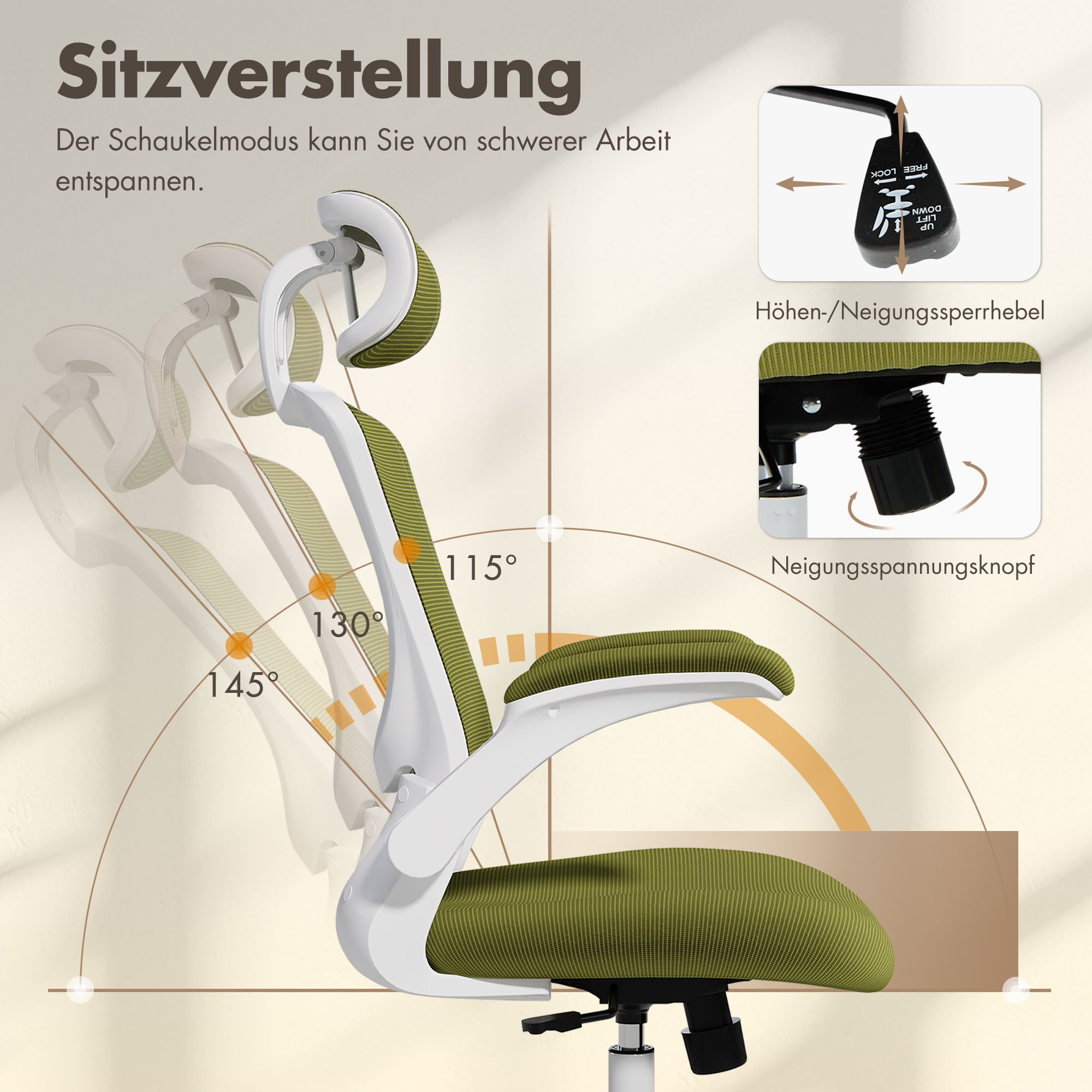 Ein Bürostuhl mit verstellbarer Rückenlehne in verschiedenen Winkeln von 115 bis 145 Grad.