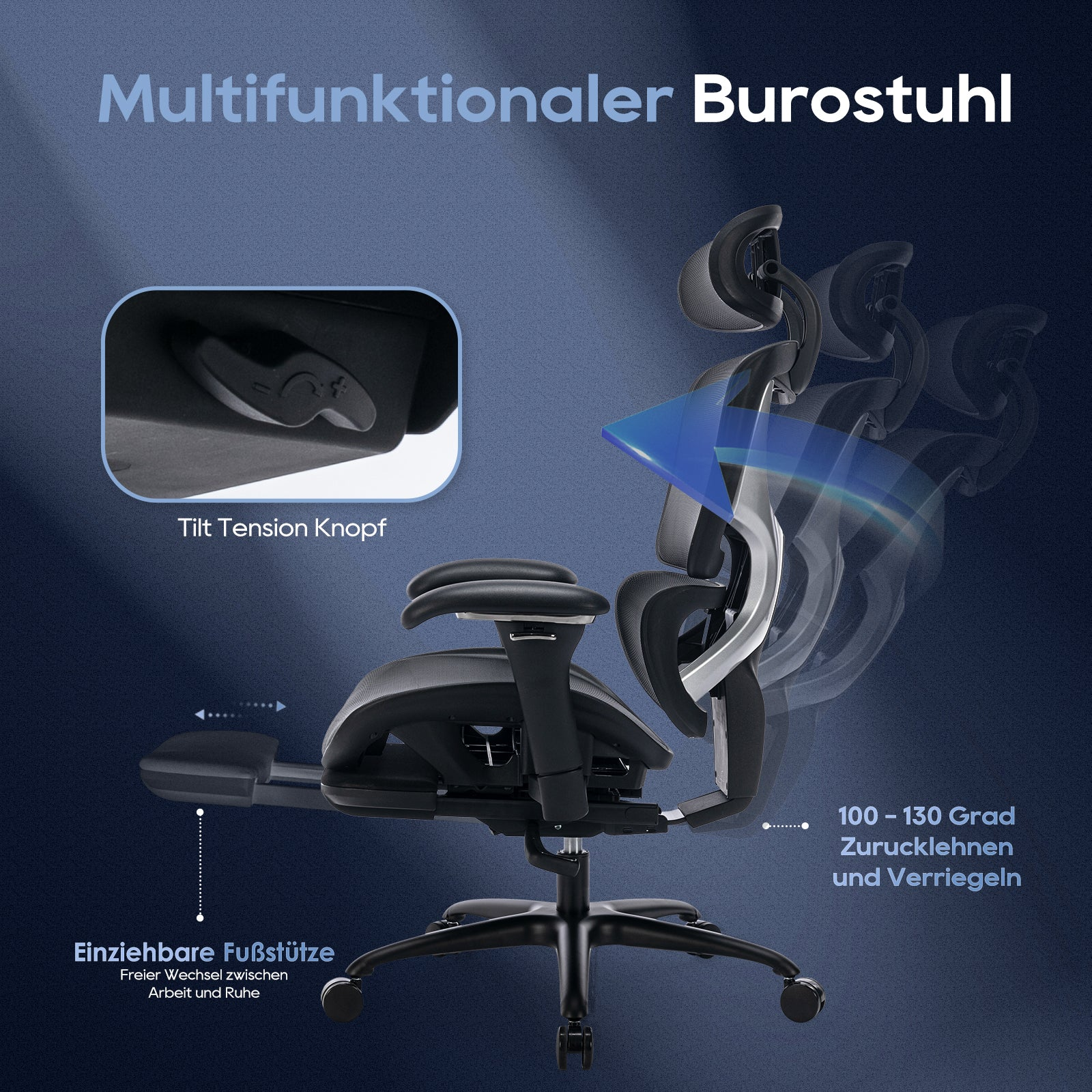 Ein multifunktionaler Bürostuhl mit ausziehbarer Fußstütze und einstellbarer Rückenlehne.