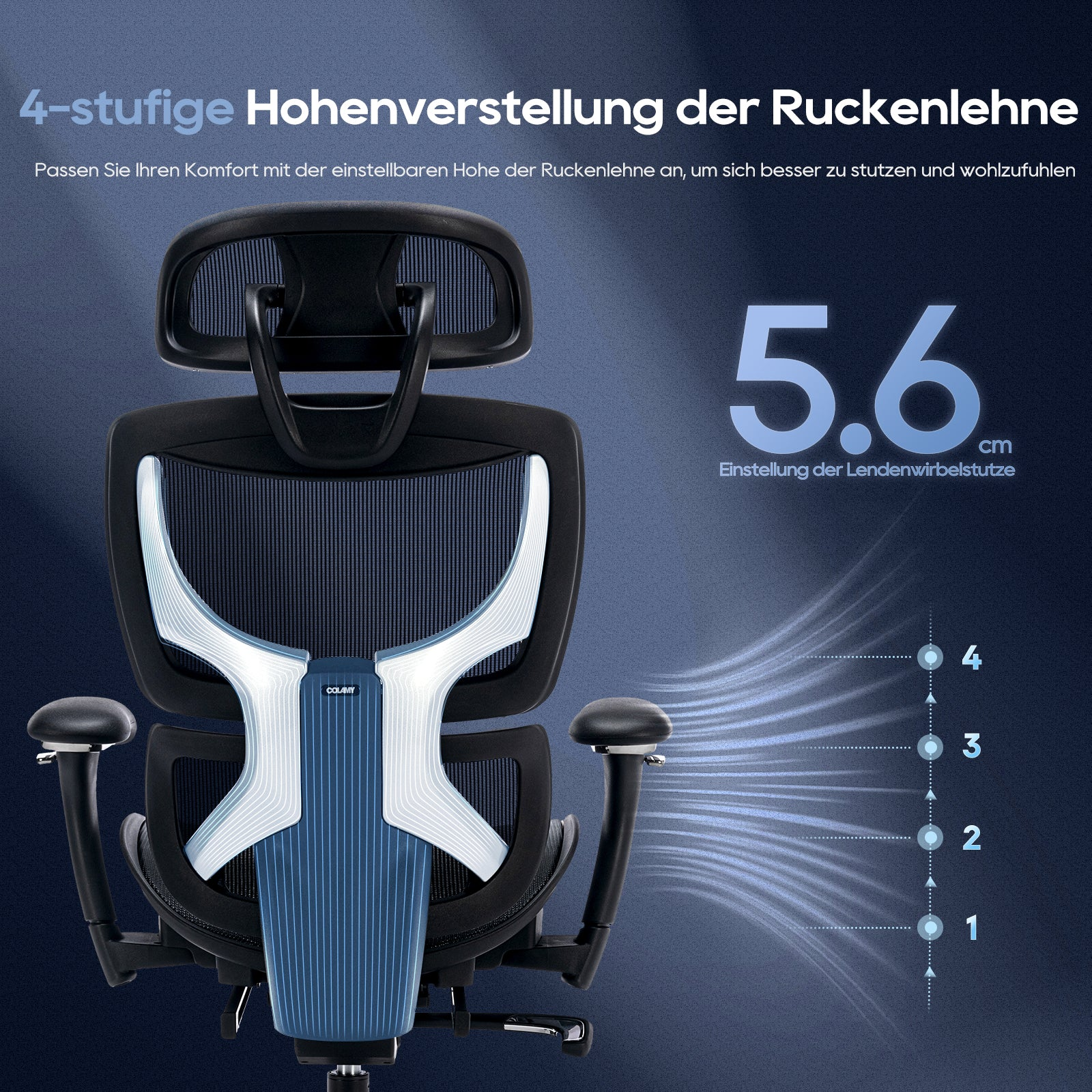 Ergonomischer Bürostuhl mit 4-stufiger Höhenverstellung, 5.6cm Lordosenstütze.