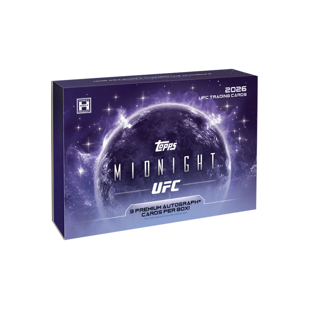 Topps UFC Midnight 2026 Sammelkartenbox mit planetarem Design.