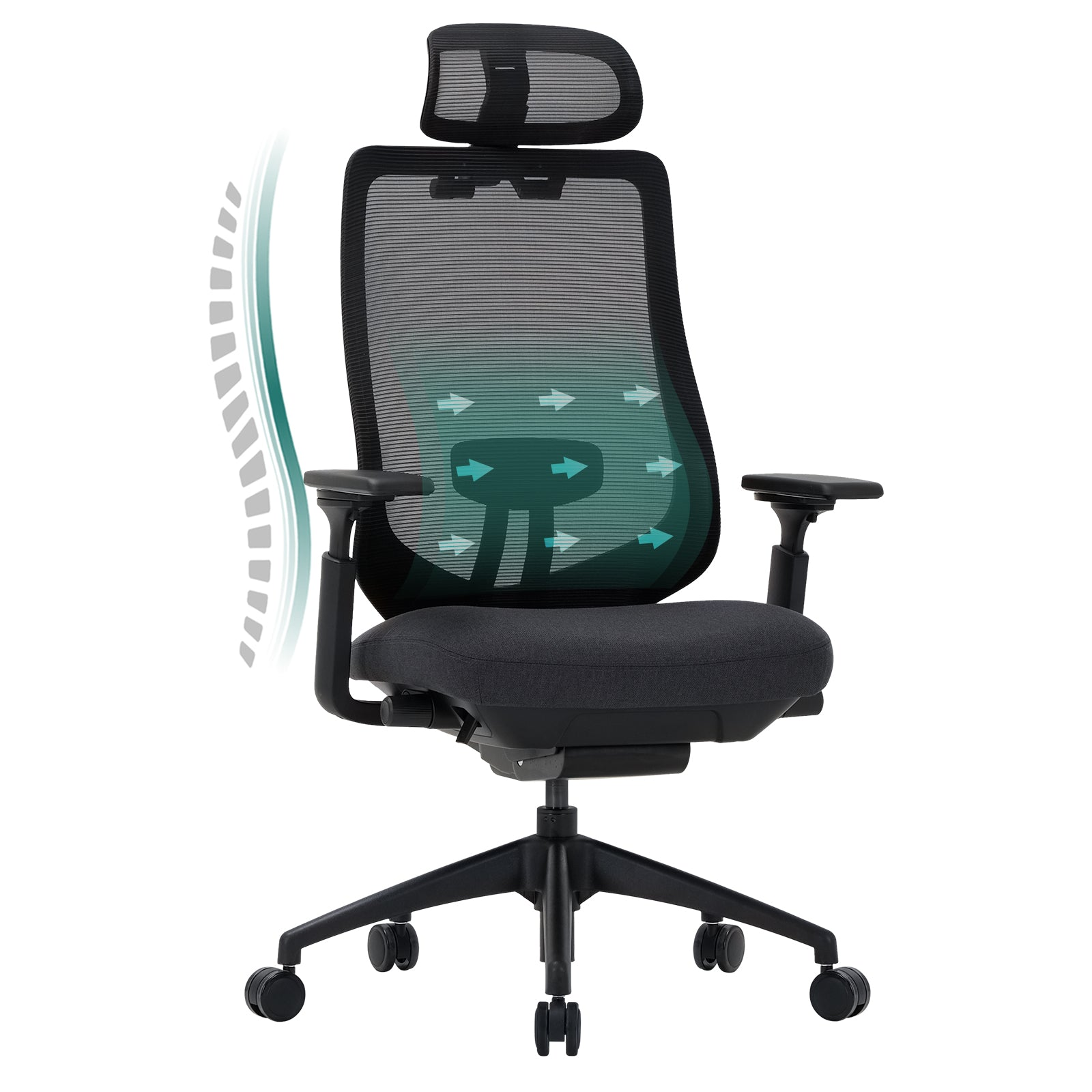 Ergonomischer schwarzer Netzbürostuhl mit Lendenwirbelstütze und Luftstromgrafik.
