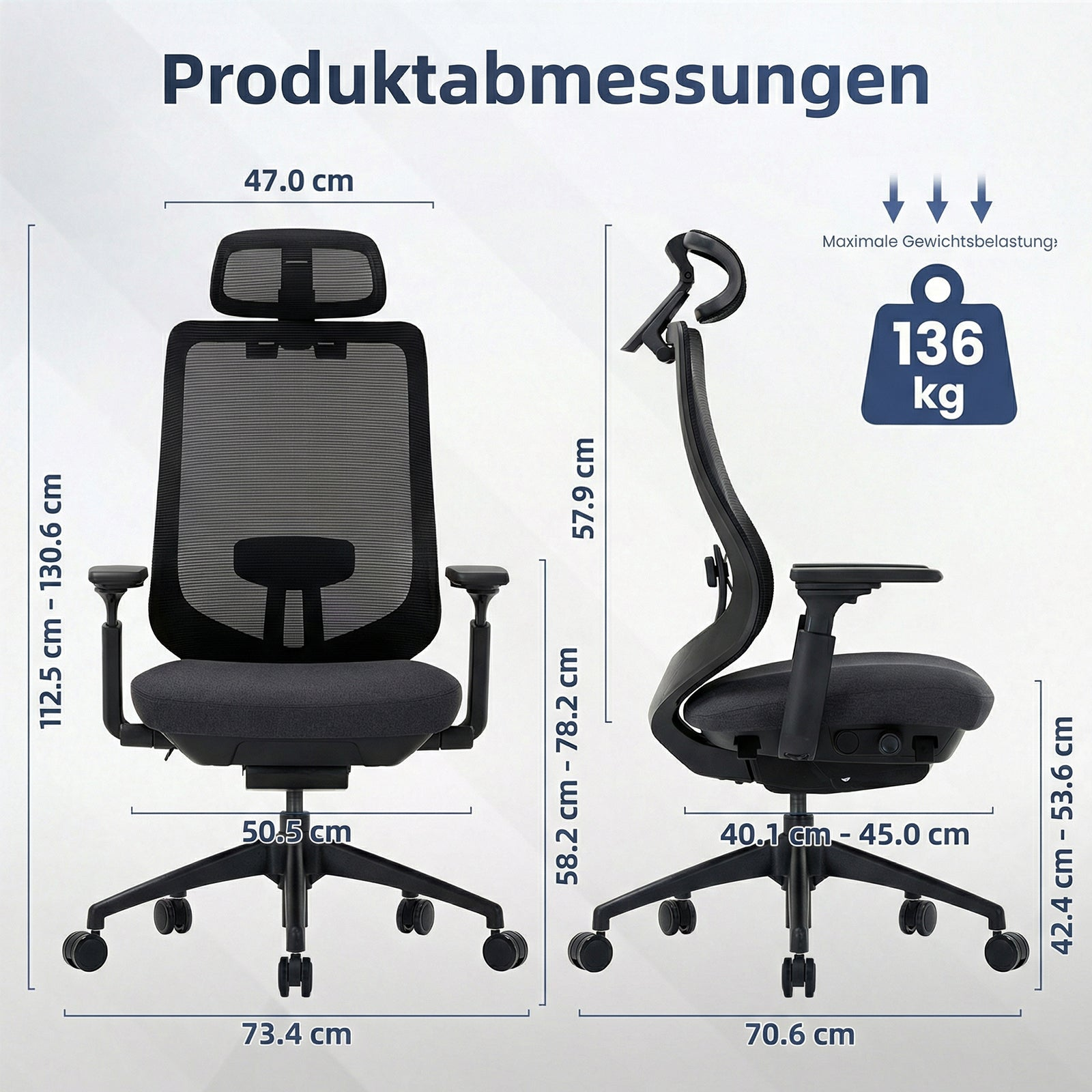 Masse eines schwarzen Bürostuhls mit Kopfstütze und Maßen.