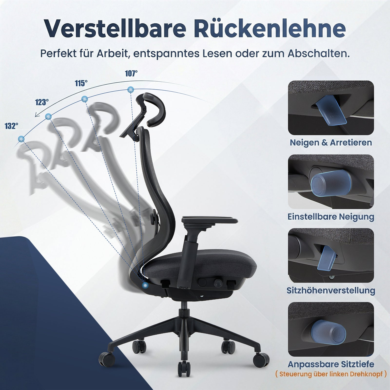 Schwarzer Bürostuhl mit verstellbarer Rückenlehne, Neigung und Sitzhöhe.