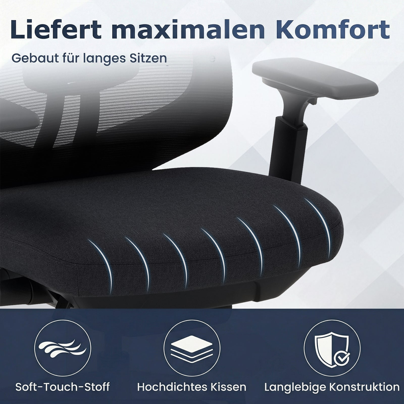Schwarzer Bürostuhl mit Armlehne, Text aus "Komfort" und 