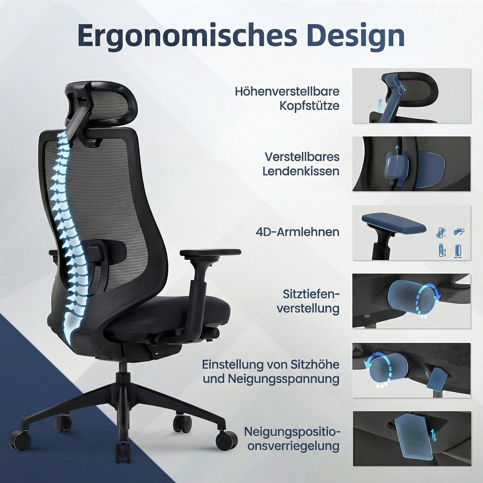 Ergonomischer Bürostuhl mit verstellbarer Kopfstütze, Lendenkissen und Armlehnen.