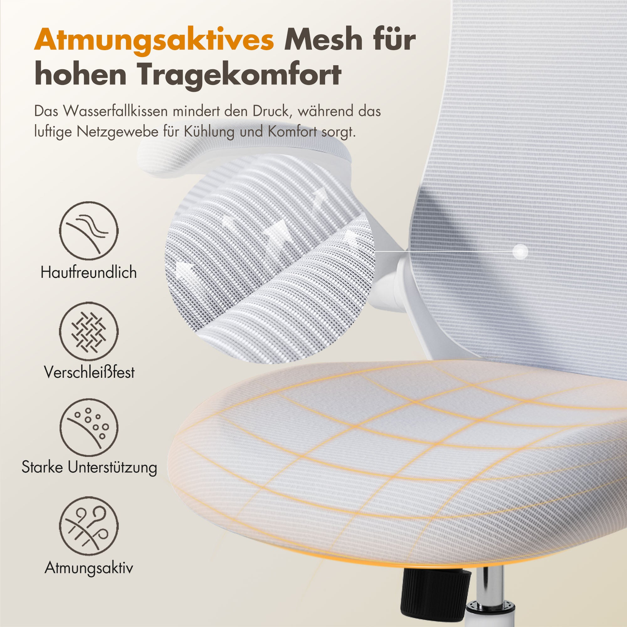 Atmungsaktives Mesh für hohen Tragekomfort. Hautfreundlich, verschleißfest.