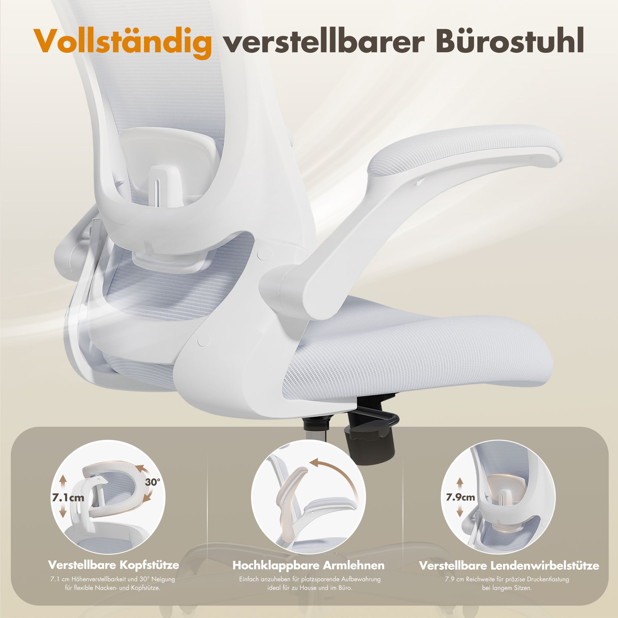 Weißer Bürostuhl mit verstellbarer Kopfstütze, Armlehnen und Lendenwirbelstütze.