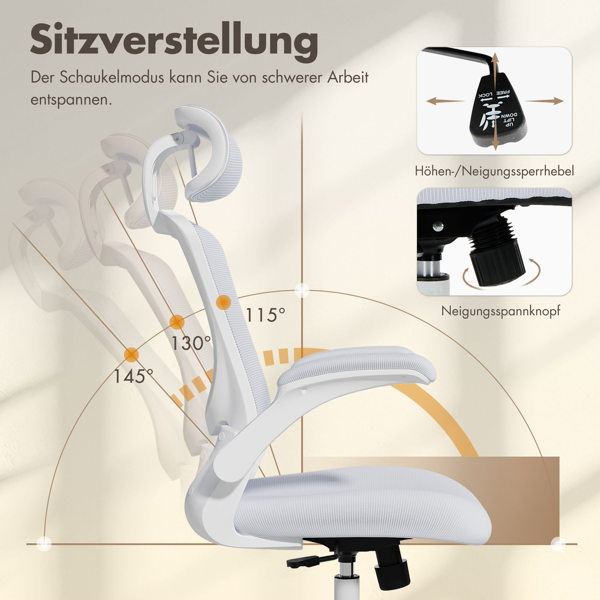 Weiße Bürostuhl-Verstellung mit Winkeln 115°, 130°, 145°.