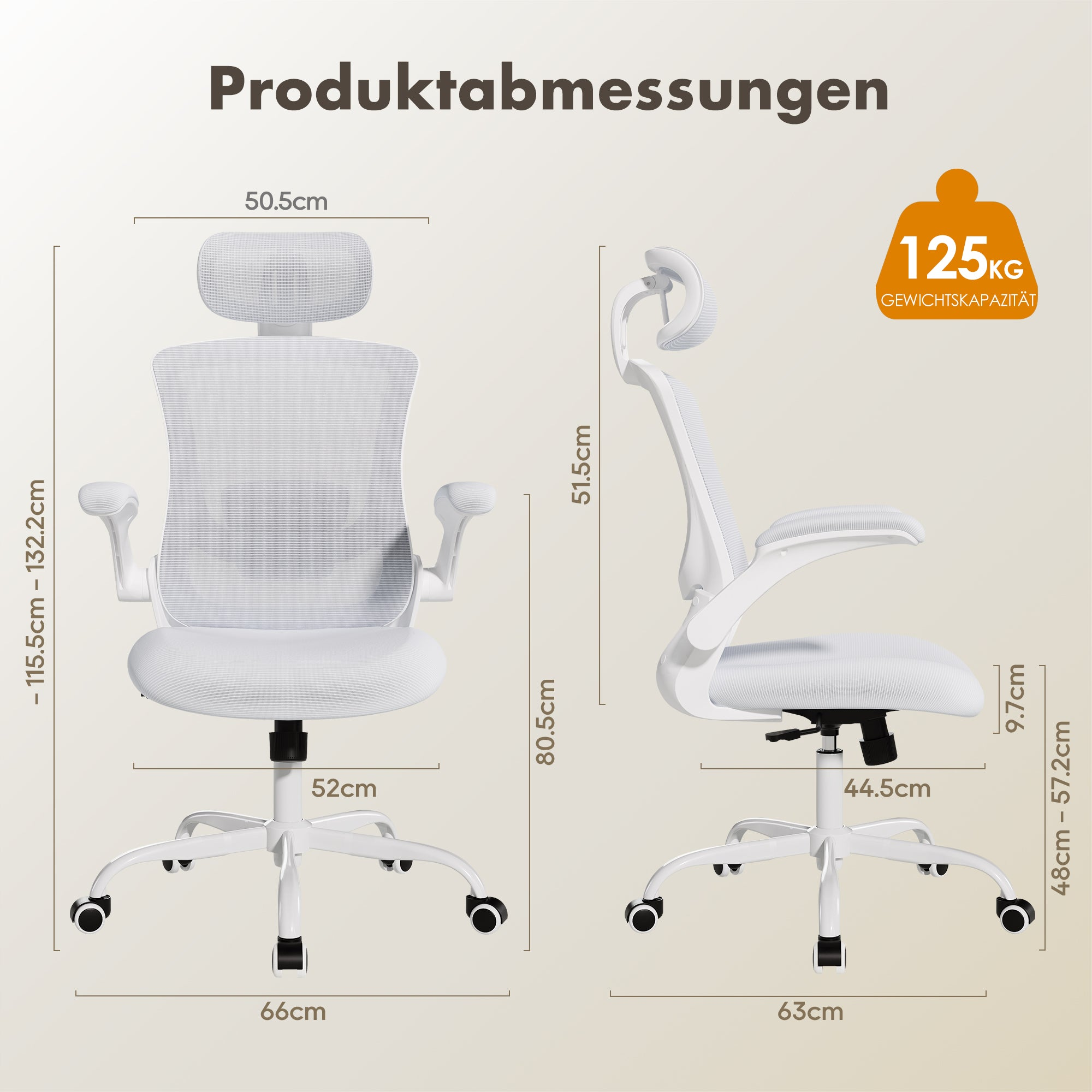 Weiße Bürostuhl-Maße: Breite 50.5cm, Höhe 115.5-132.2cm, Tiefe 66cm.