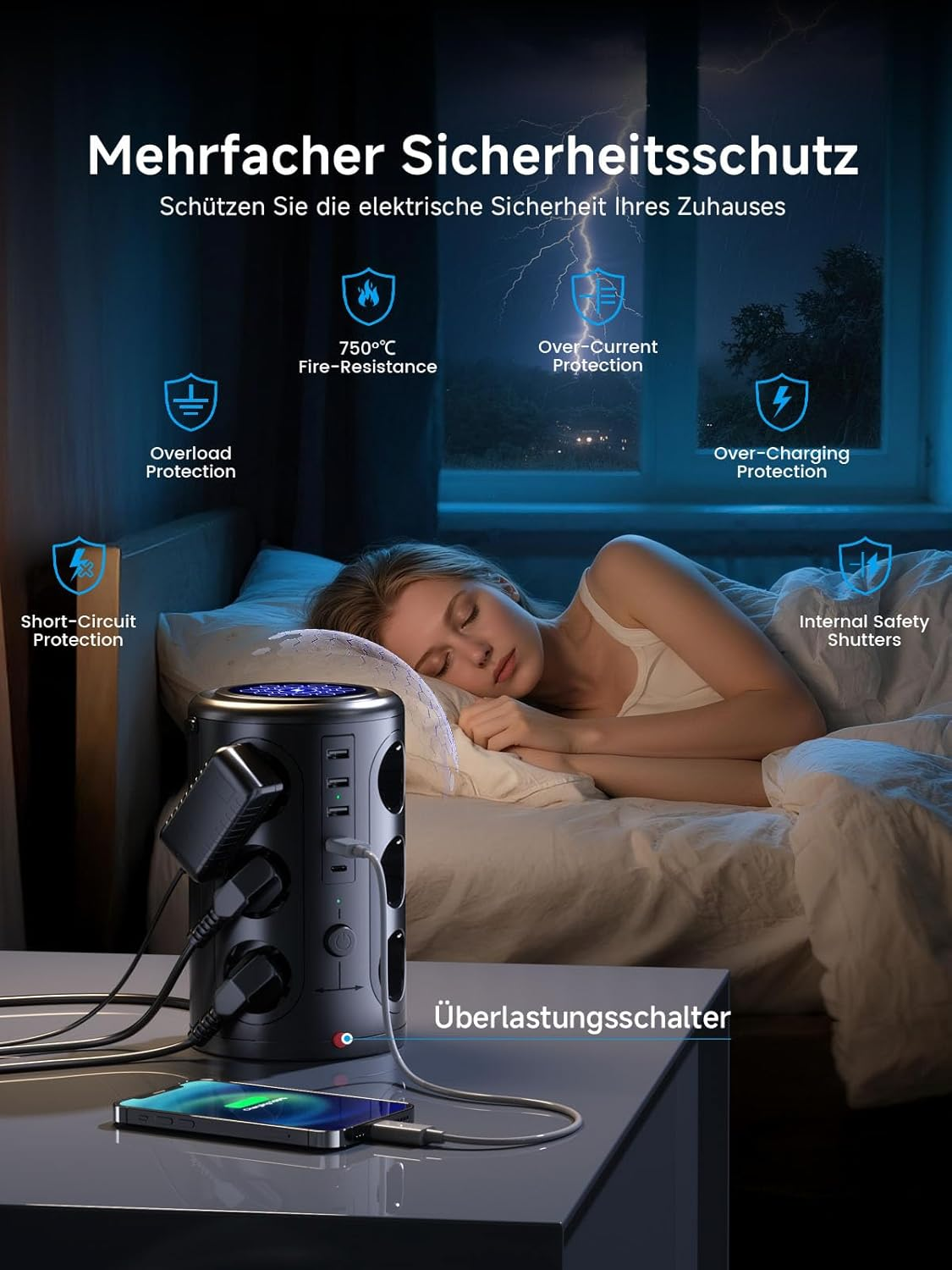 Mujer durmiendo junto a un adaptador múltiple con dispositivos enchufados.