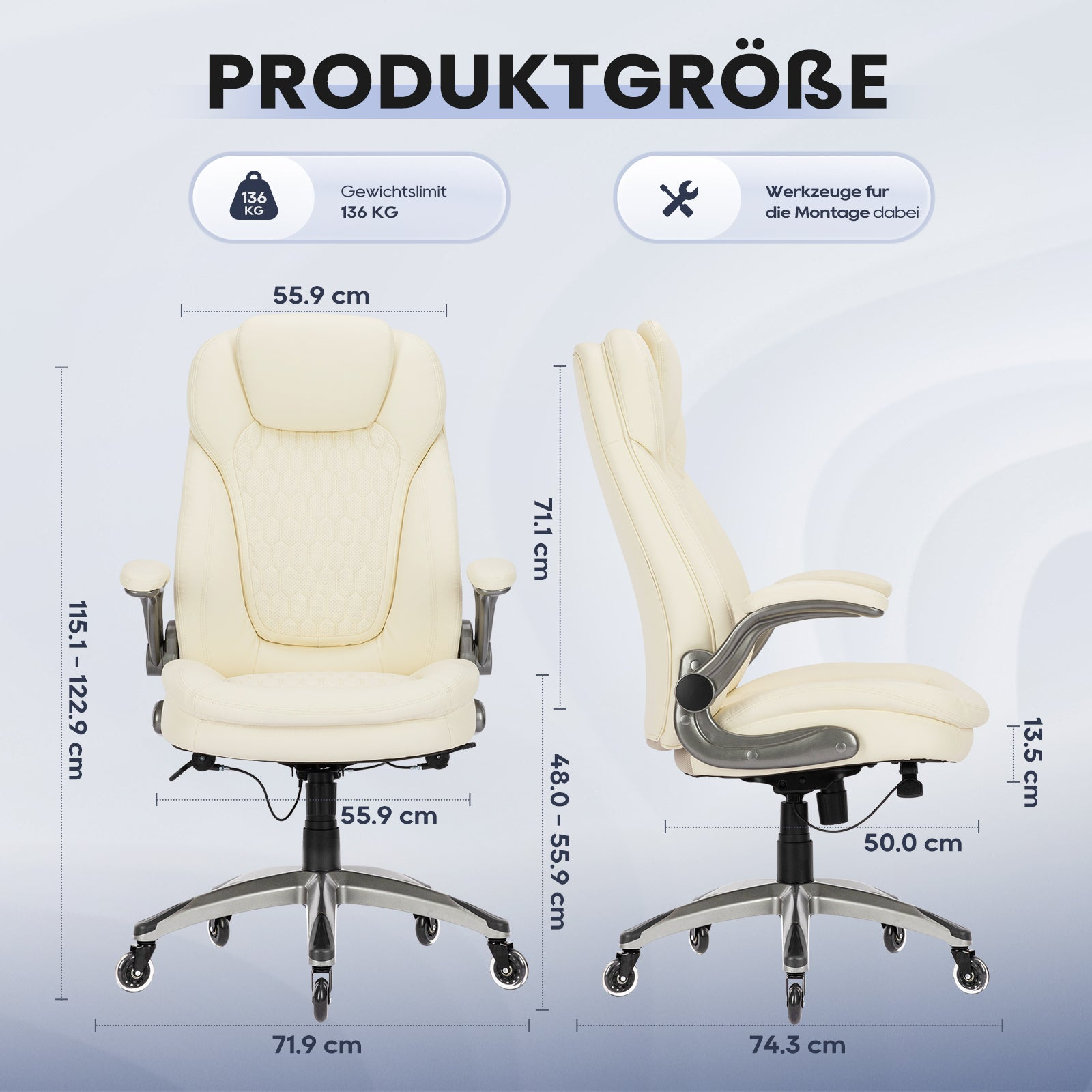 Maße und Spezifikationen eines cremefarbenen Bürostuhls, Gewichtslimit 136 kg.