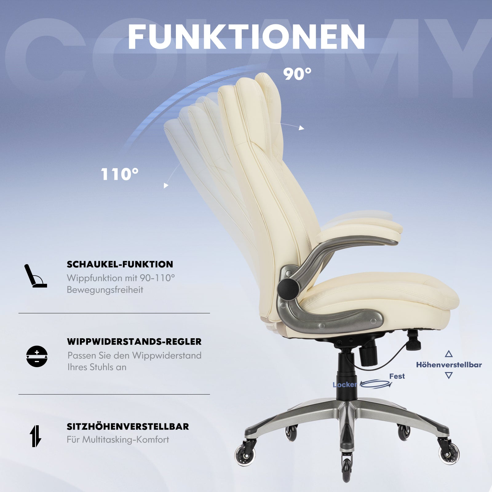 Beige Bürostuhl mit Funktionen: Schaukel, Widerstand, Höhenverstellung.