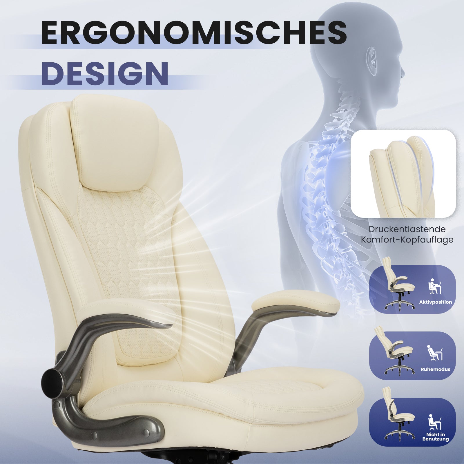 Ein beiger Bürostuhl mit ergonomischem Design, Kopfstütze und Armlehnen.