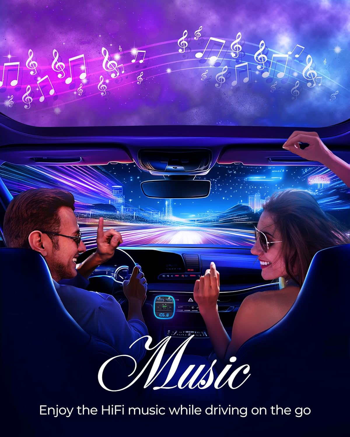 Mann und Frau fahren nachts, Musiknoten schweben über ihnen.