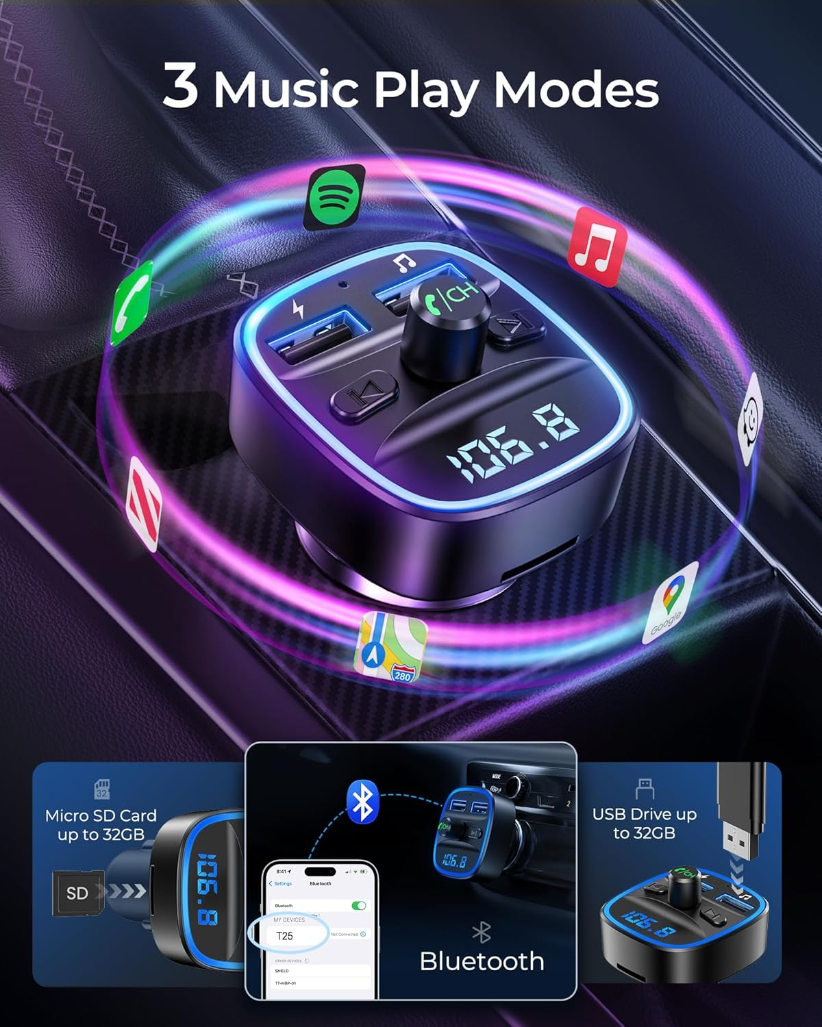 Auto-FM-Sender mit 3 Musikmodi: SD, Bluetooth, USB. Verfügt über 2 USB-Anschlüsse.