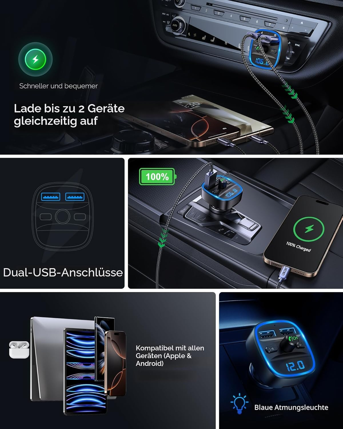 Autoladegerät mit Dual-USB-Anschlüssen, lädt zwei Geräte, kompatibel mit Apple/Android.