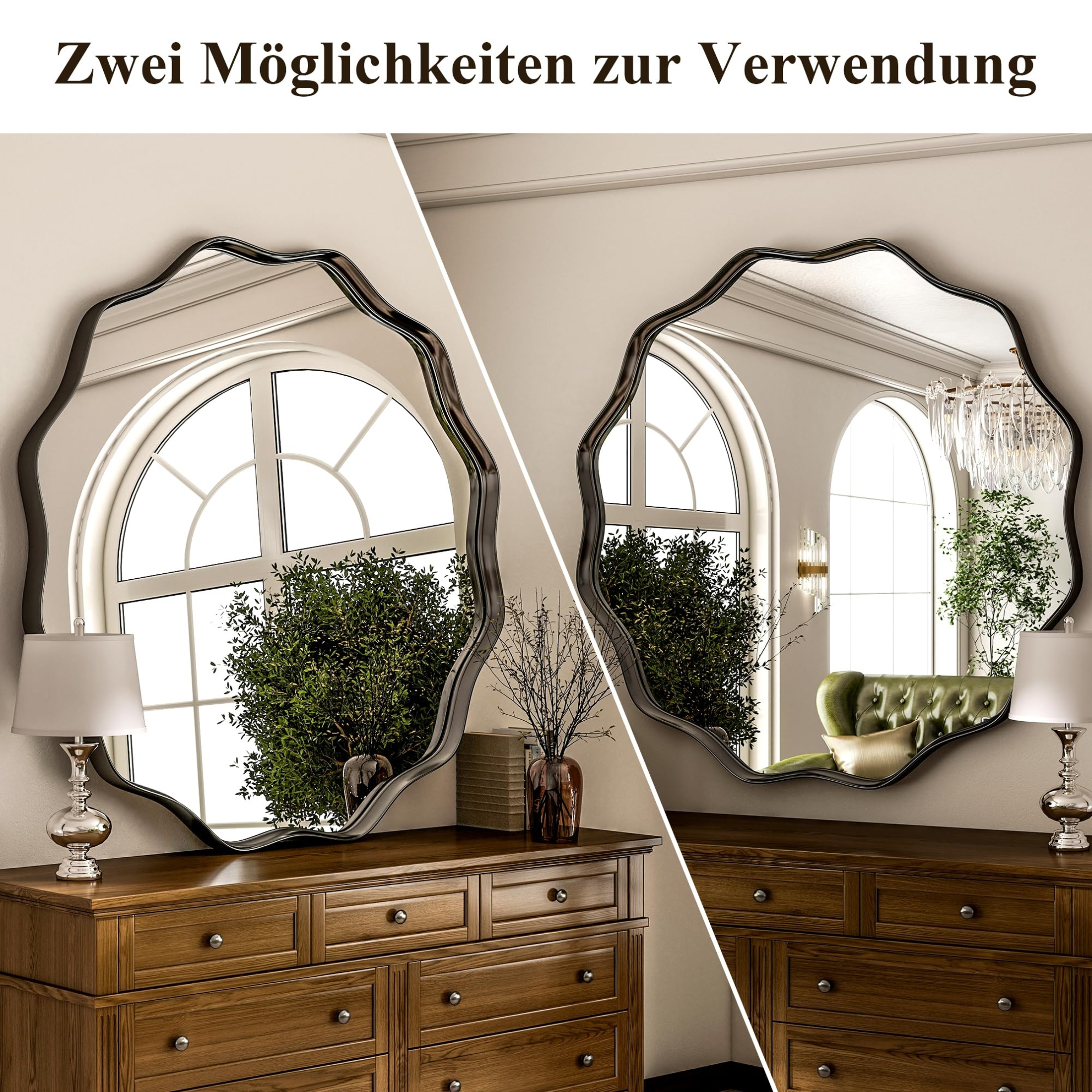 Zwei Spiegel über Kommoden mit Lampen und Pflanzen.