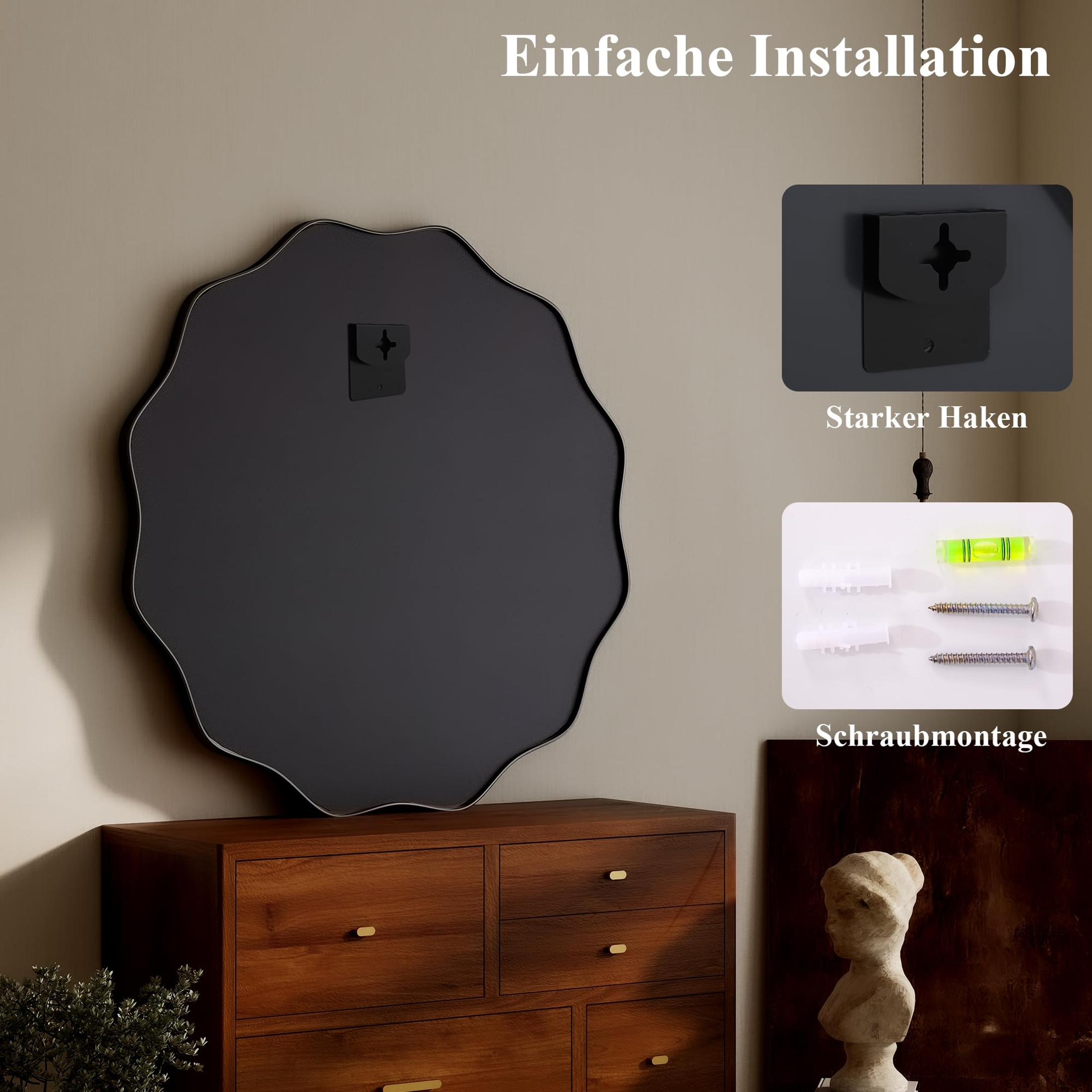 Ein unregelmäßig geformter schwarzer Spiegel hängt über einer Kommode. Installationszubehör ist daneben abgebildet.