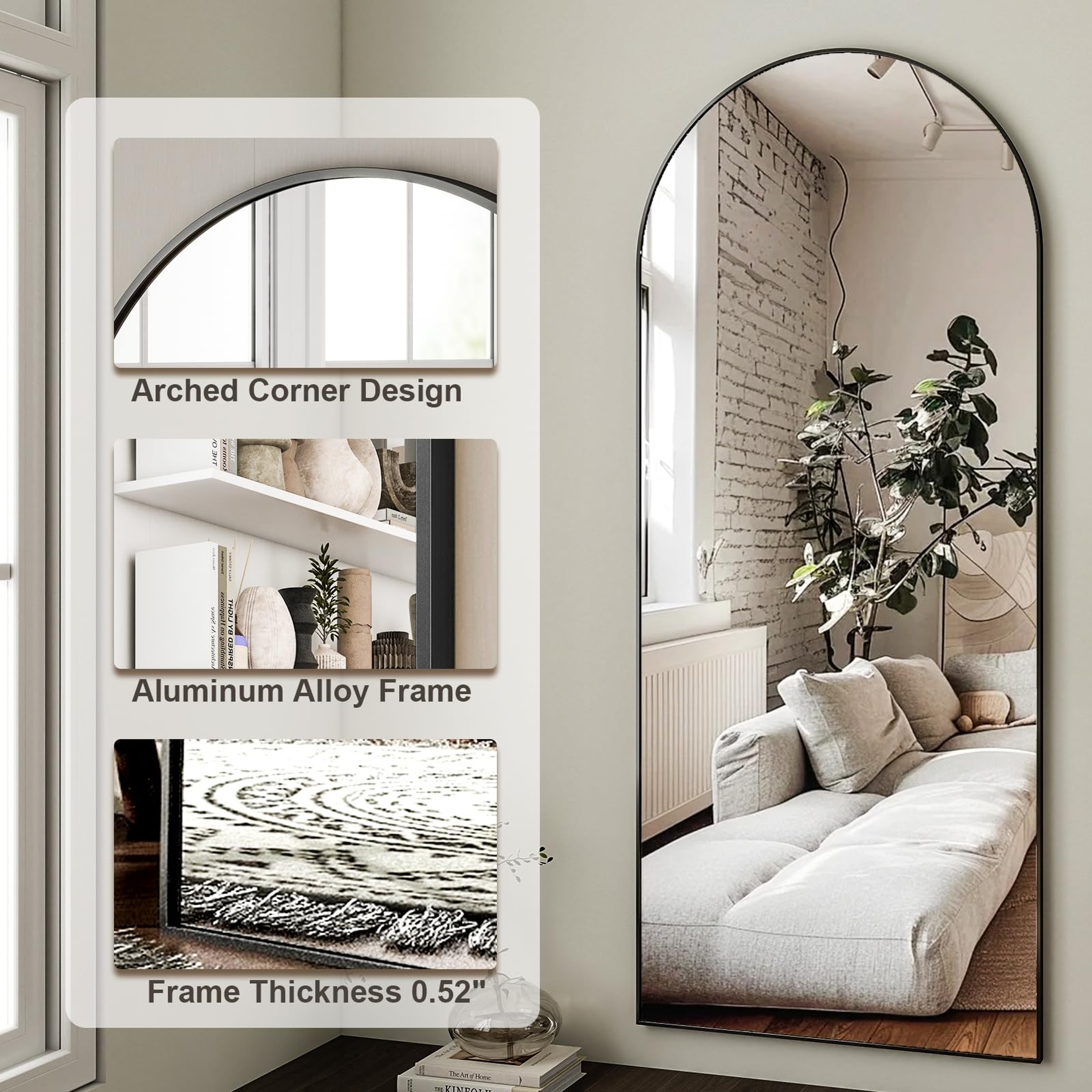 Ein großer, archeförmiger Spiegel mit schwarzem Rahmen, der ein Wohnzimmer mit Sofa und Pflanzen reflektiert.