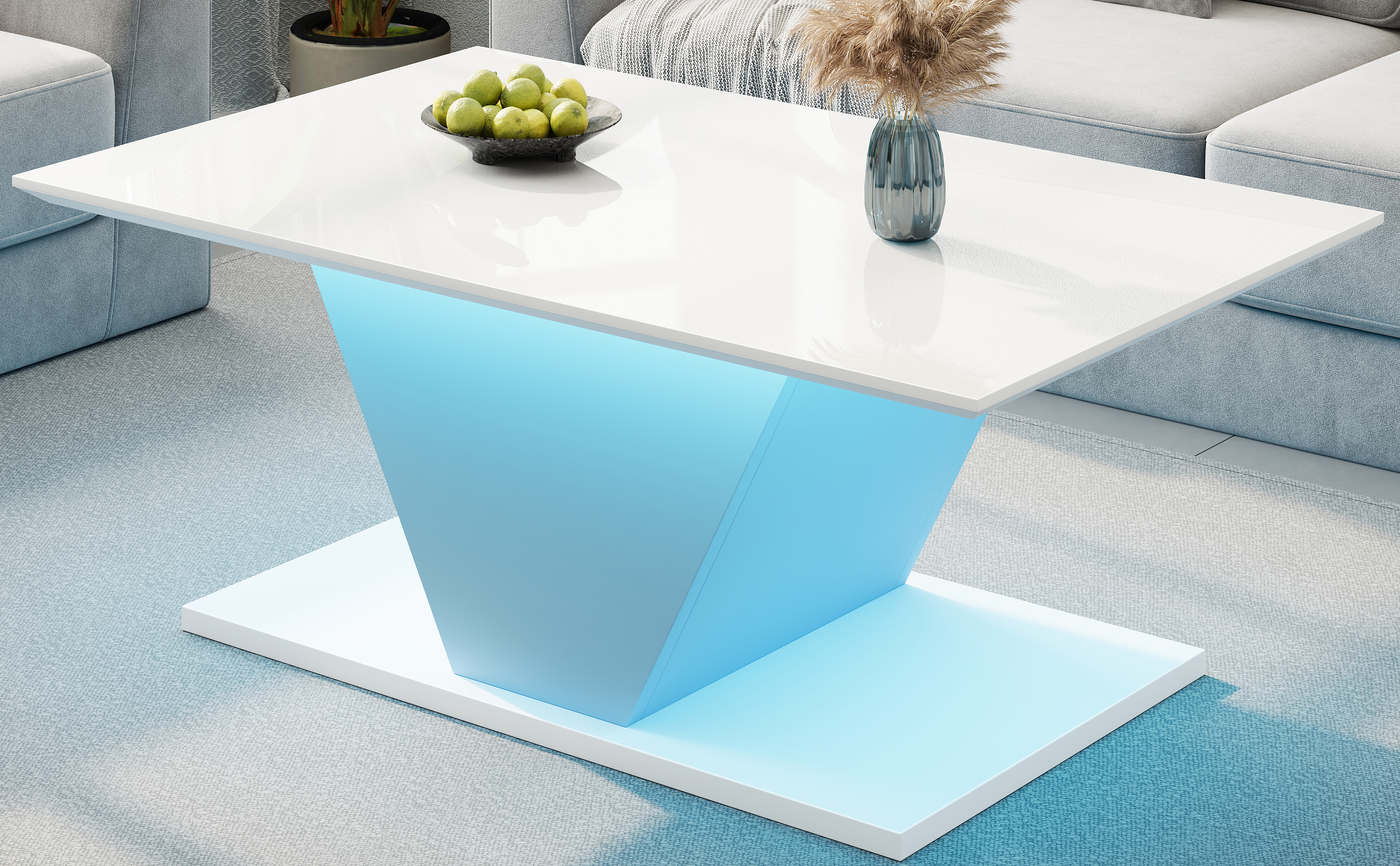 Moderner weißer Couchtisch mit blauer LED-Beleuchtung, Obstschale und Vase.