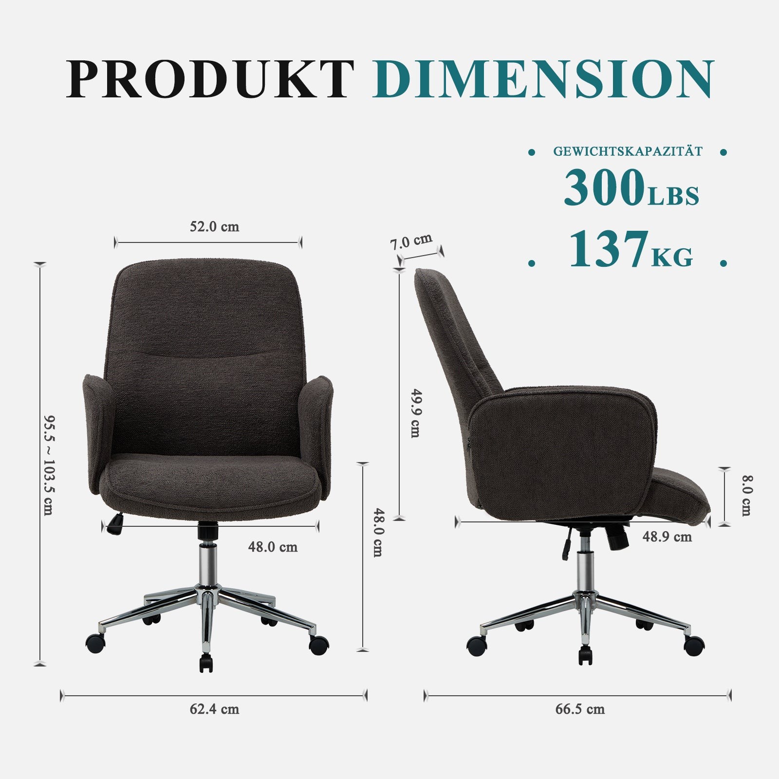 Bürostuhl-Maße: Breite 52cm, Höhe 95.5-103.5cm. Tragfähigkeit 300lbs/137kg.