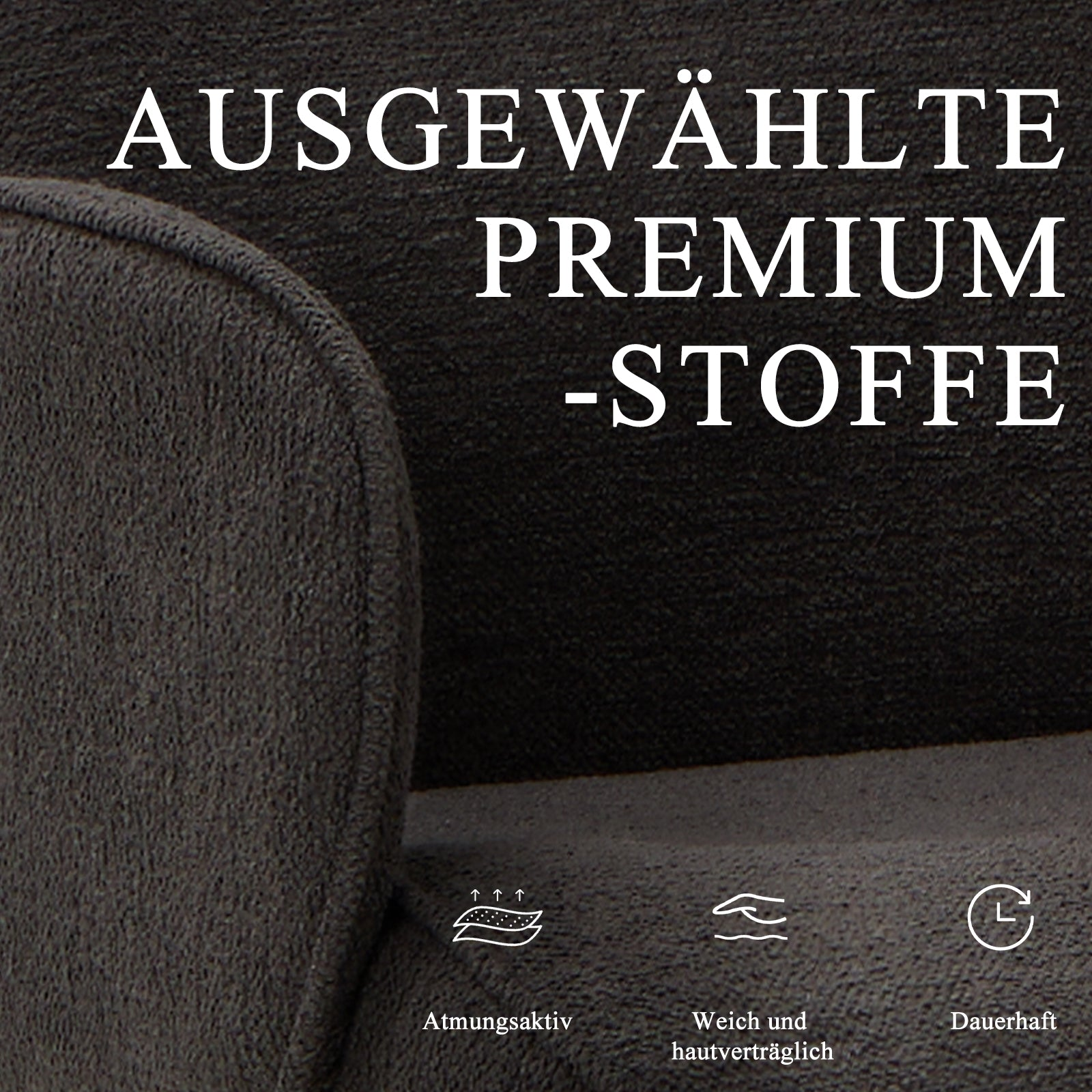 Dunkelgrauer, texturierter Stoff mit Text: Ausgewählte Premium-Stoffe.