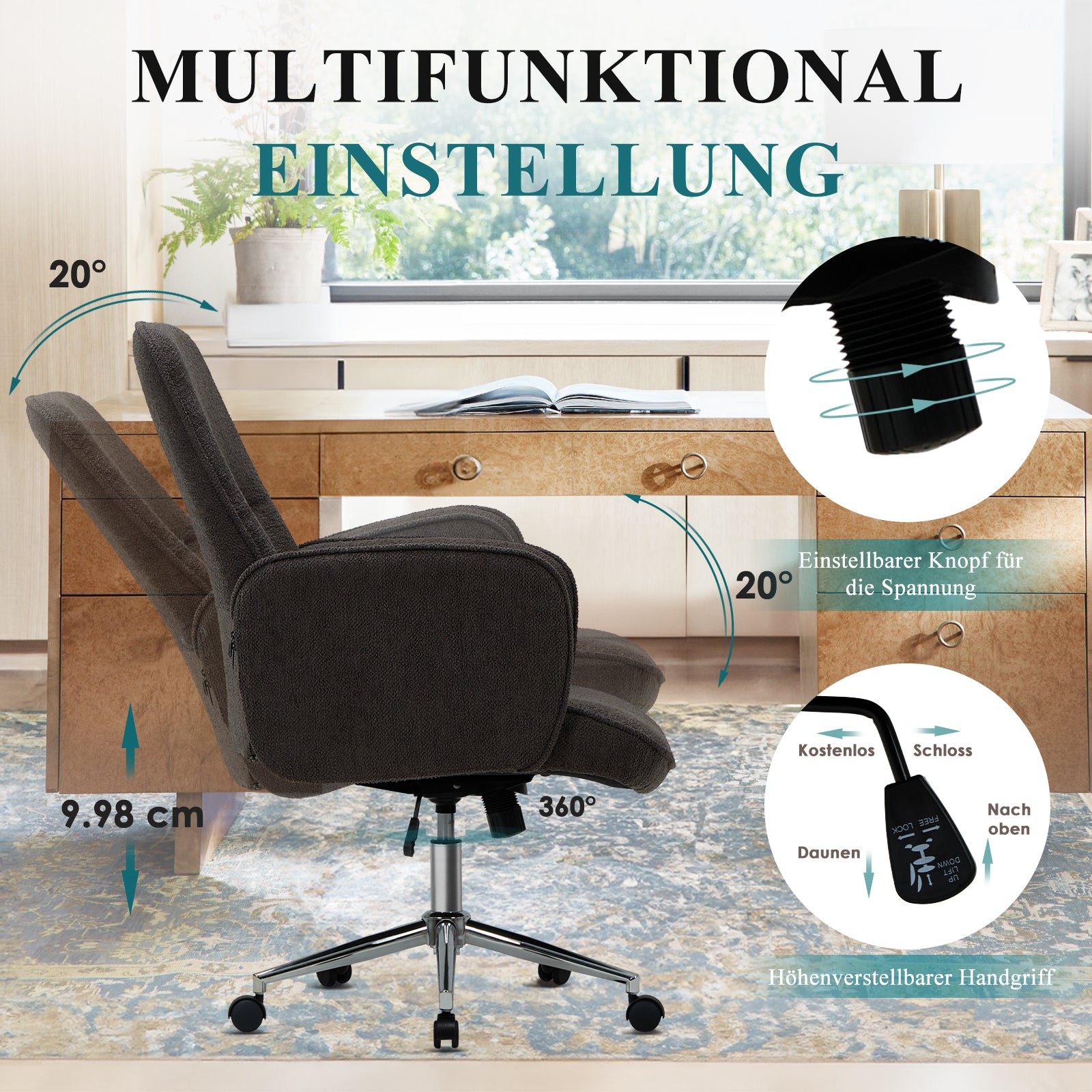 Ein dunkler Bürostuhl mit Rollen vor einem Schreibtisch, mit Hinweisen zu Einstellungen.