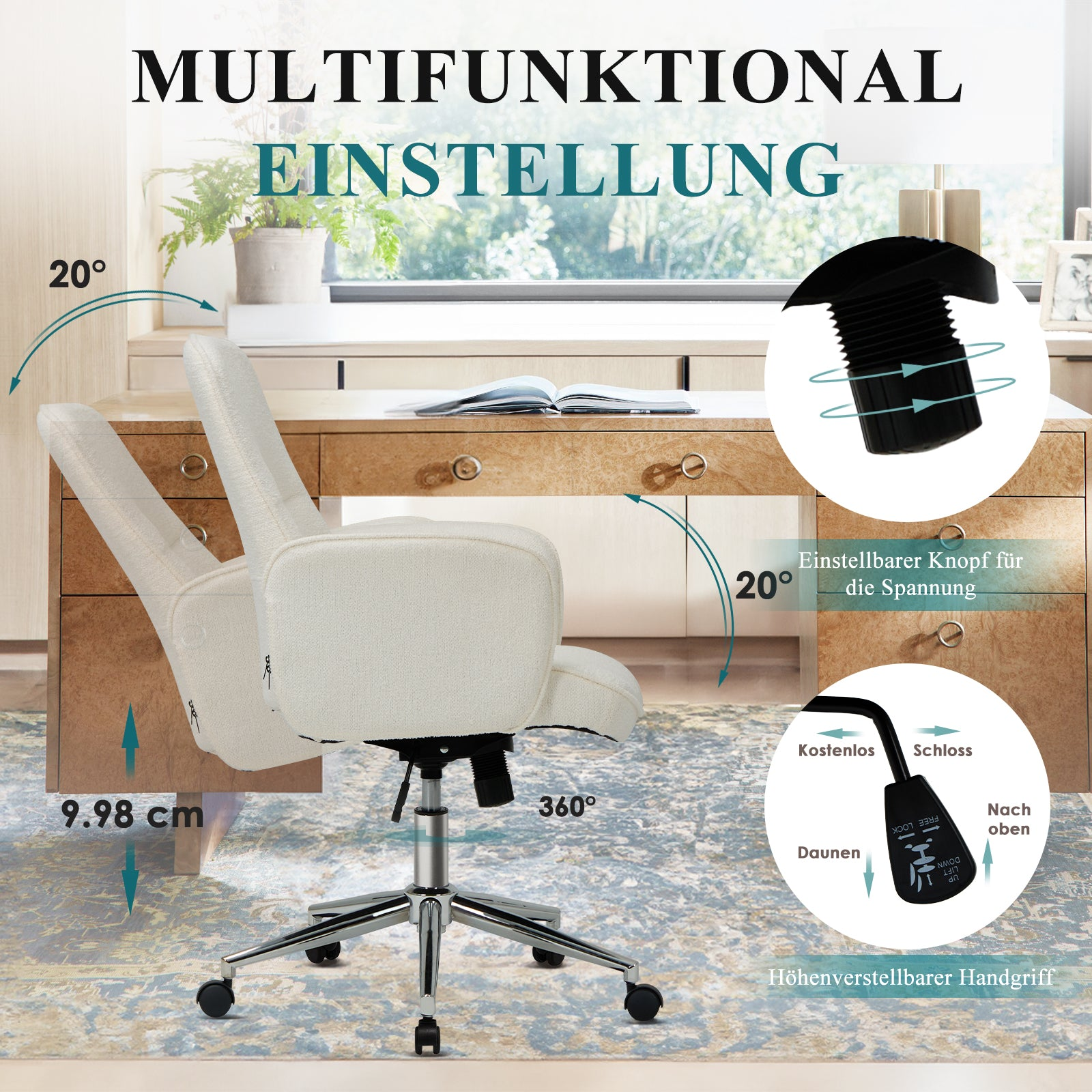Ein weißer Bürostuhl mit Chrombasis vor einem Schreibtisch mit Fenster.