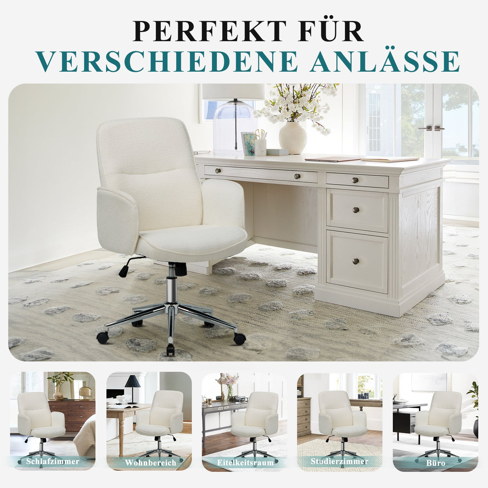 Ein weißer Bürostuhl steht vor einem Schreibtisch in einem hellen Raum.