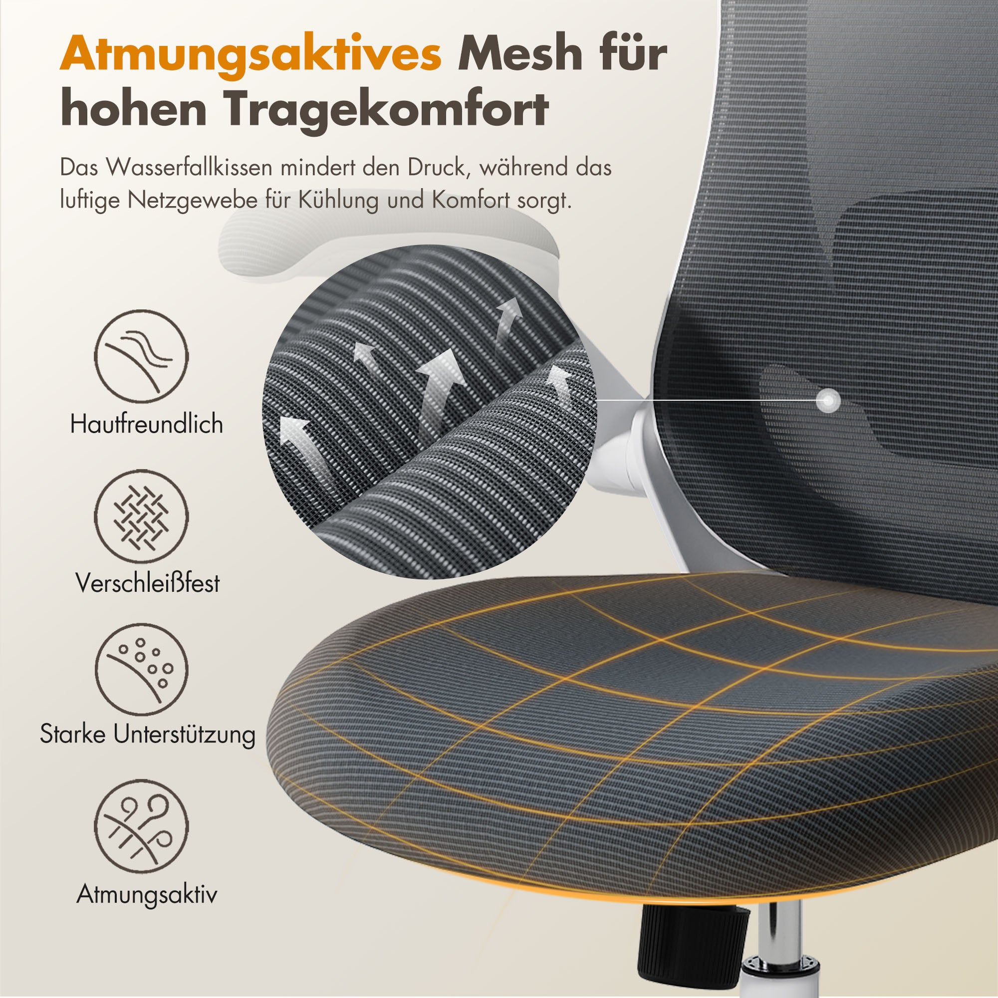 Atmungsaktives Mesh für hohen Tragekomfort mit Icons.