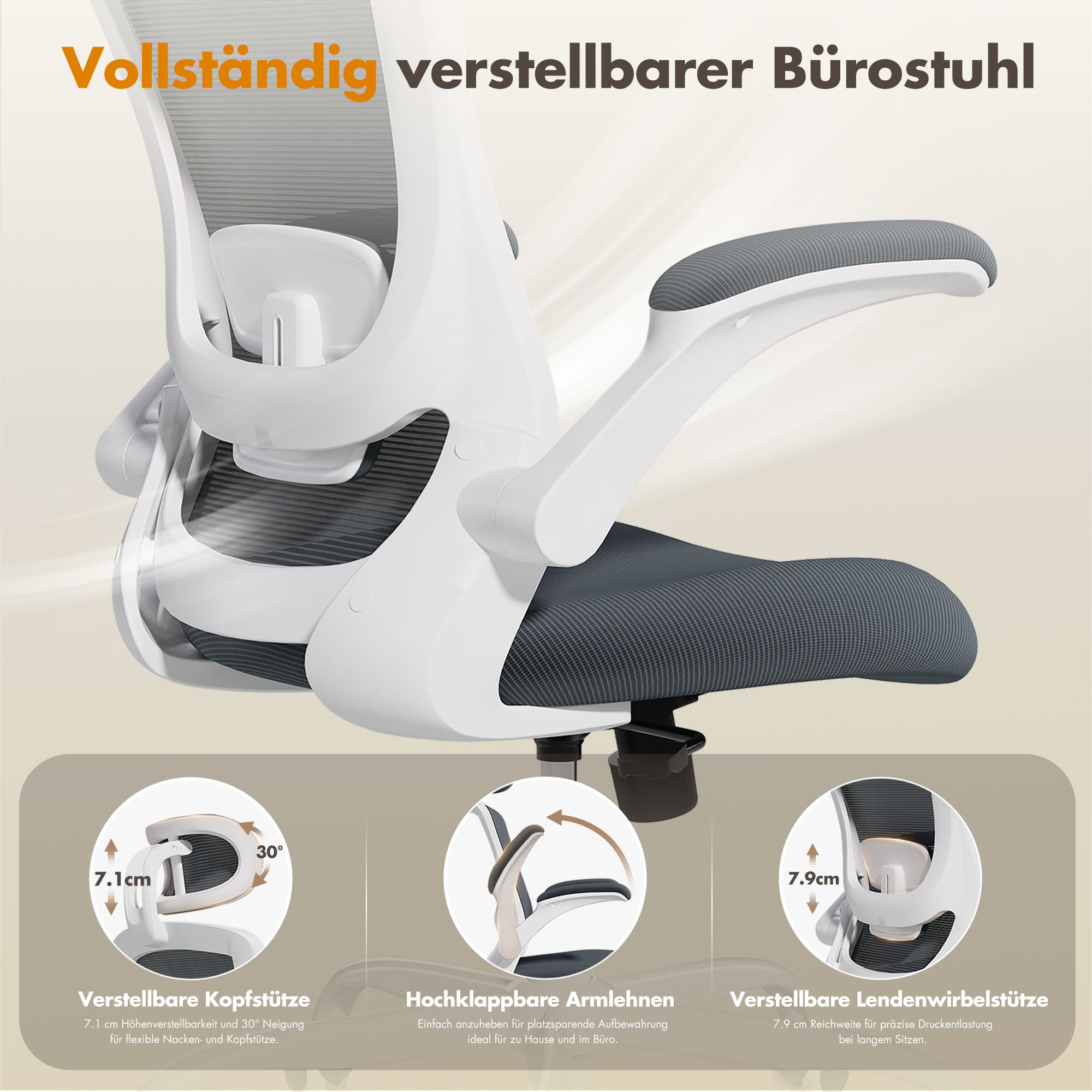 Ein verstellbarer weißer und grauer Bürostuhl mit Fokus auf Kopfstütze, Armlehnen und Lendenwirbelstütze.