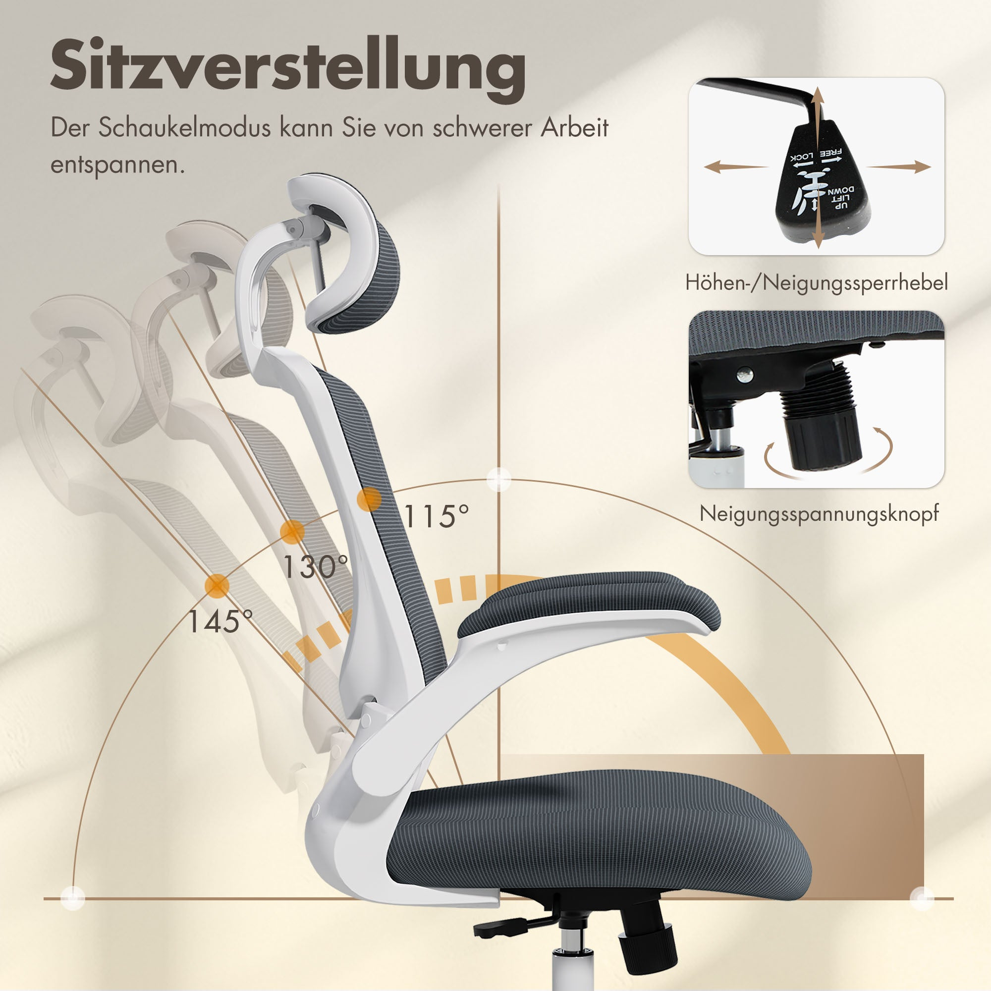 Verstellbarer Bürostuhl mit Neigungsfunktionen, gezeigt in verschiedenen Winkeln.