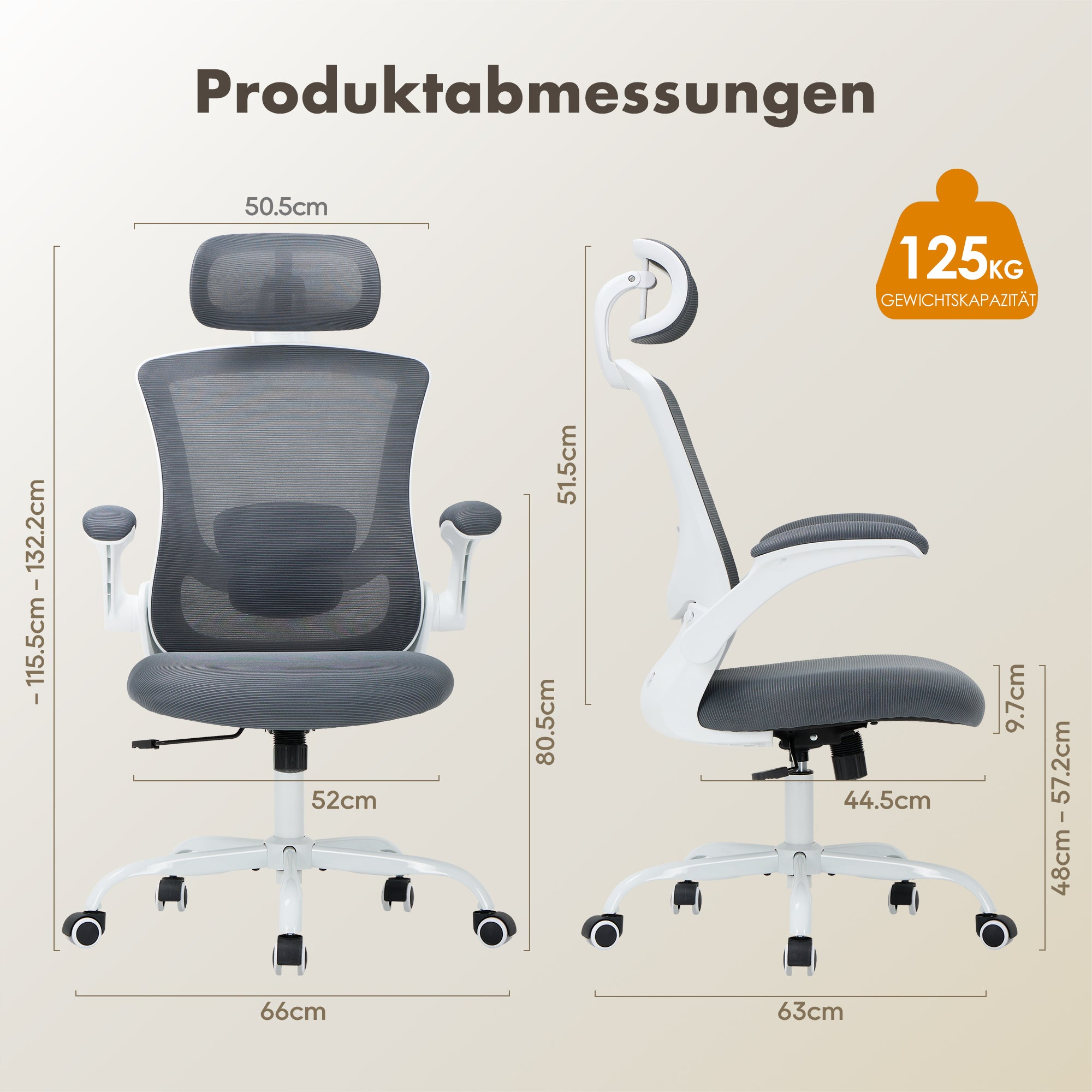 Produktabmessungen eines grauen Bürostuhls mit Maßen und 125kg Traglast.