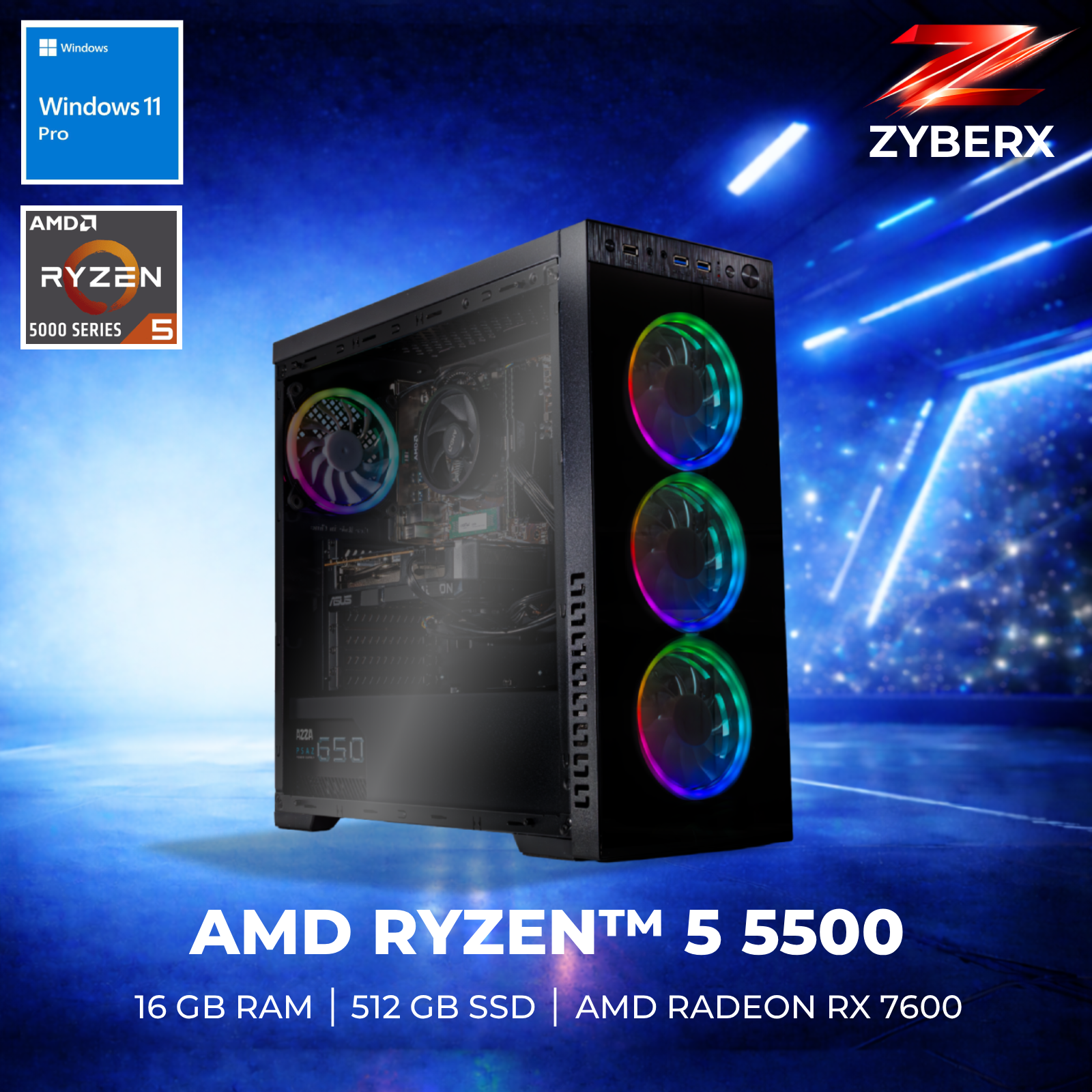 Ein schwarzes PC-Gehäuse mit RGB-Lüftern und AMD Ryzen 5 5500 Spezifikationen.
