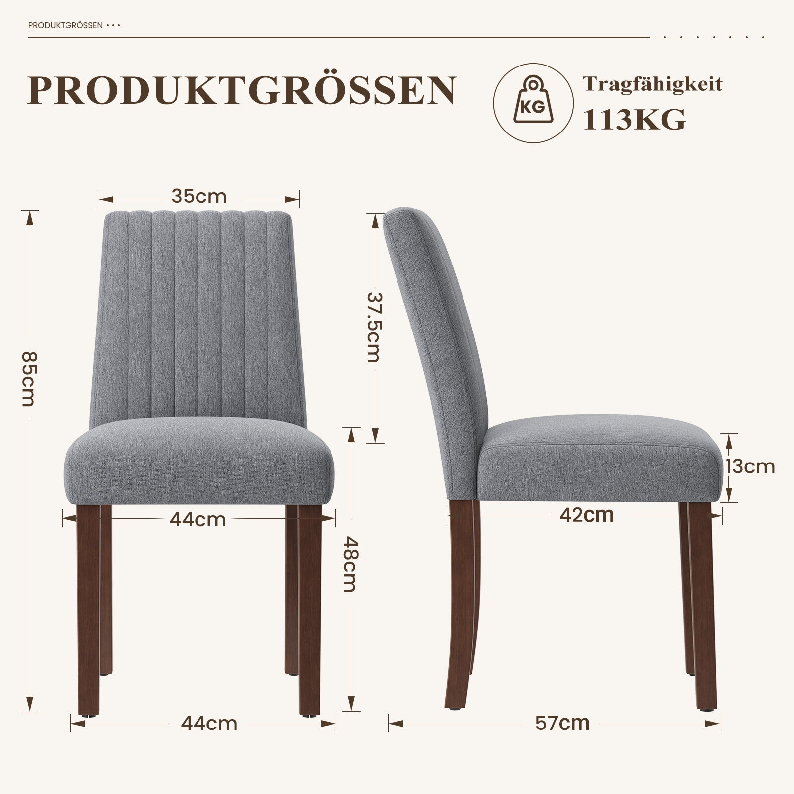 Grauer Stuhl mit Maßen: 85x35x44cm (HxBxT), 37,5cm Sitzhöhe. 113kg Tragfähigkeit.