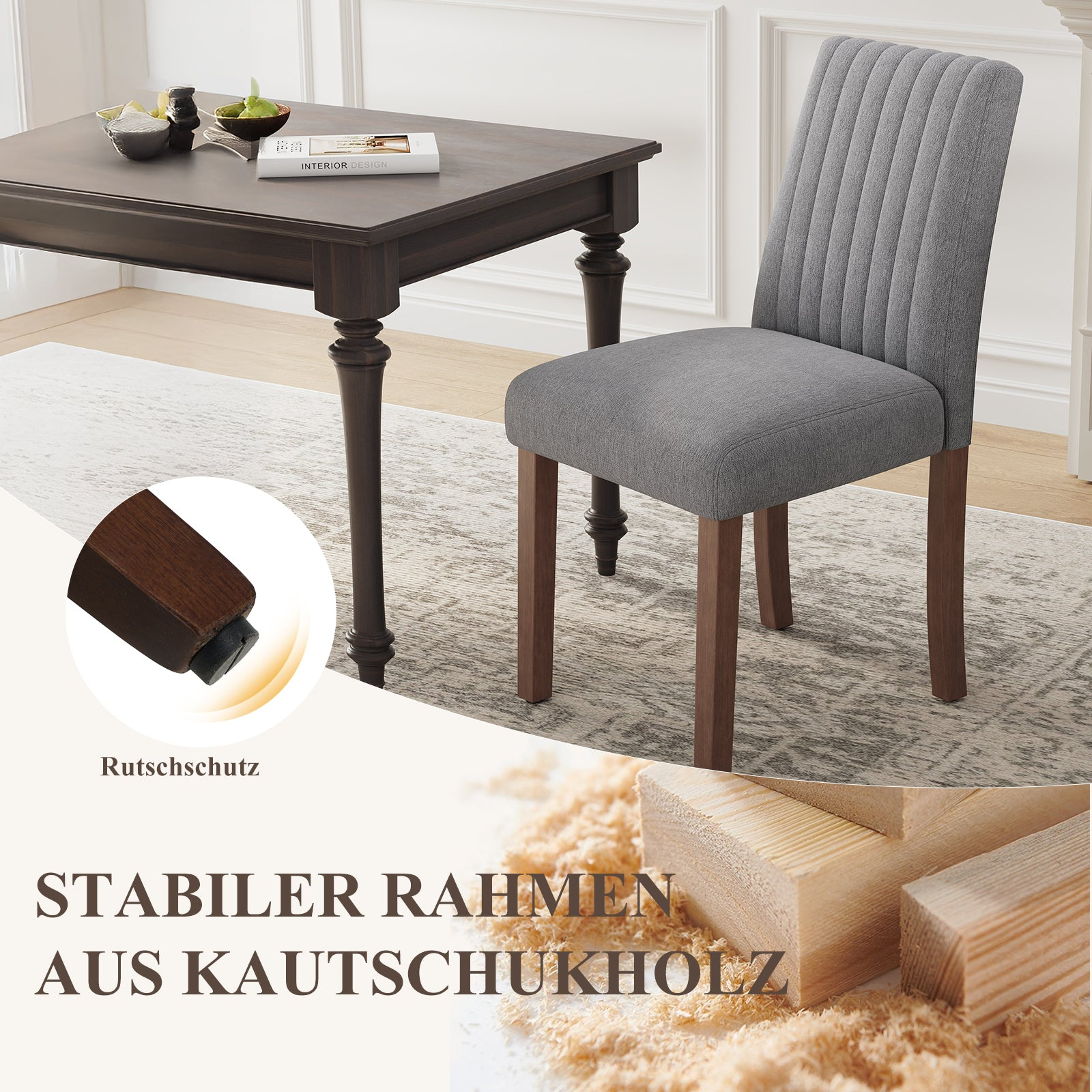 Dunkler Holztisch mit grauem Stuhl. Nahaufnahme des Tischbeins mit Rutschschutz.