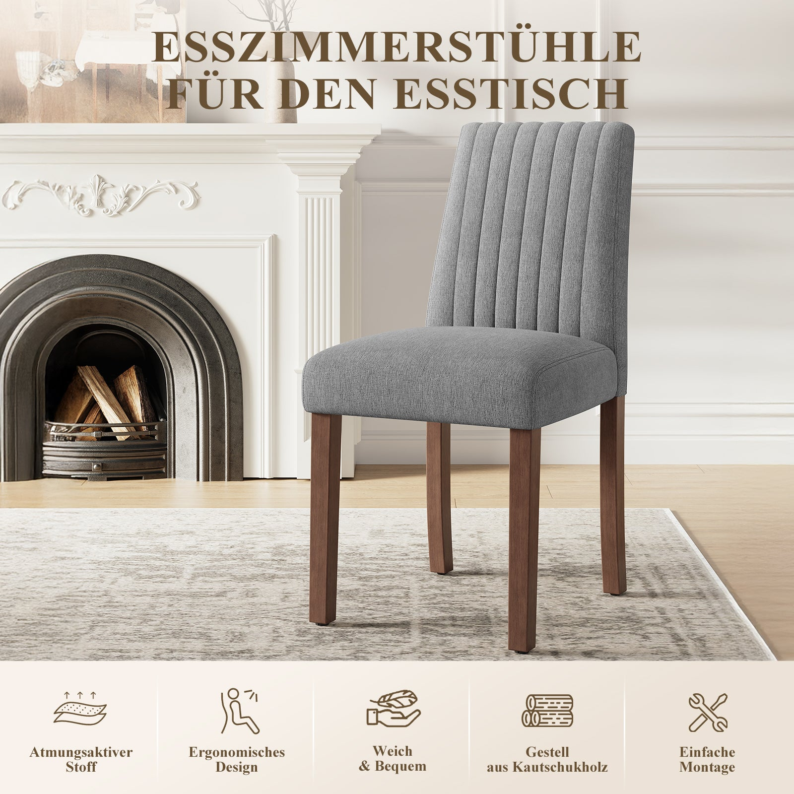 Grauer Polsterstuhl mit Holzbeinen vor einem Kamin. Text: Esszimmerstühle für den Esstisch.