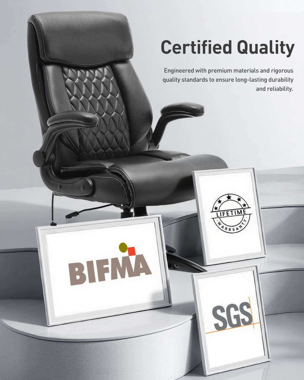Schwarzer Bürostuhl mit Zertifikaten: BIFMA, Lifetime Warranty und SGS.