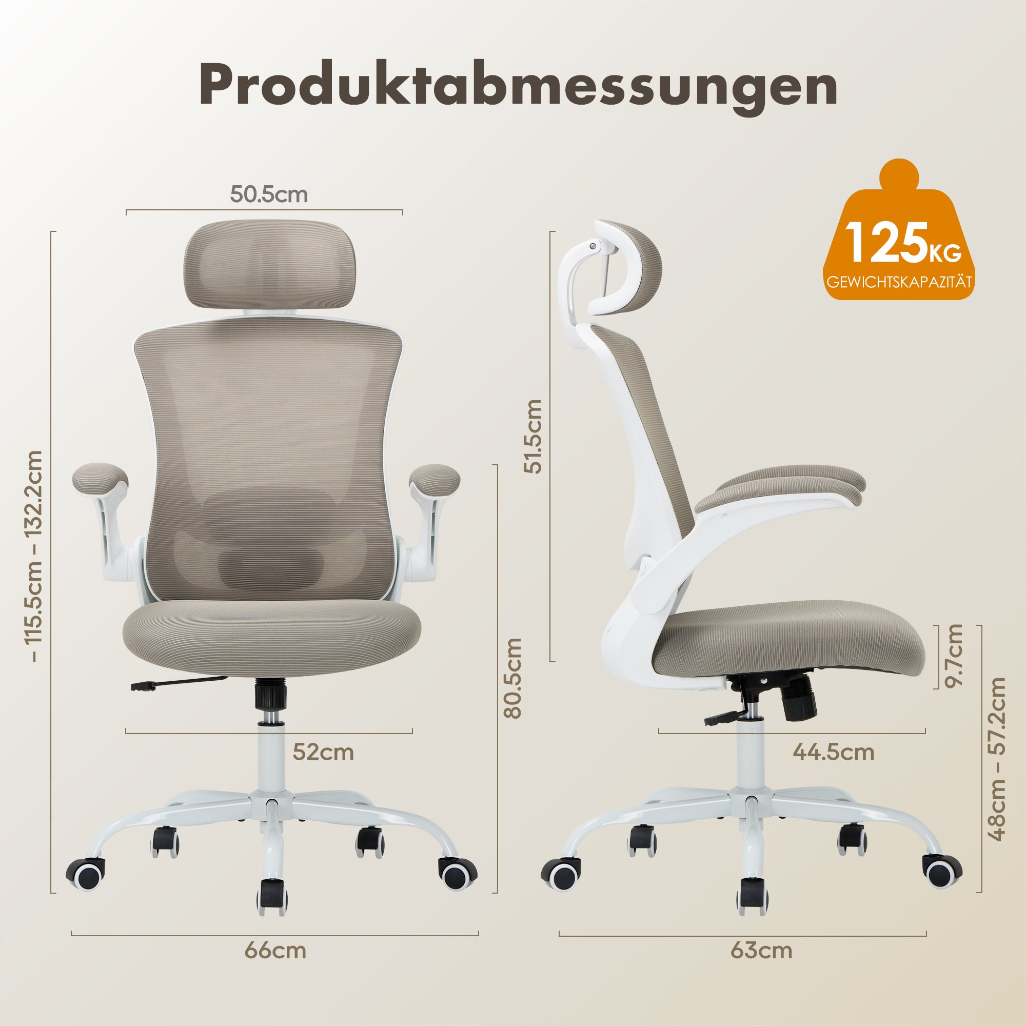 Produktmaße: Beige Netz Bürostuhl mit weißem Gestell. Max. Belastung 125kg.
